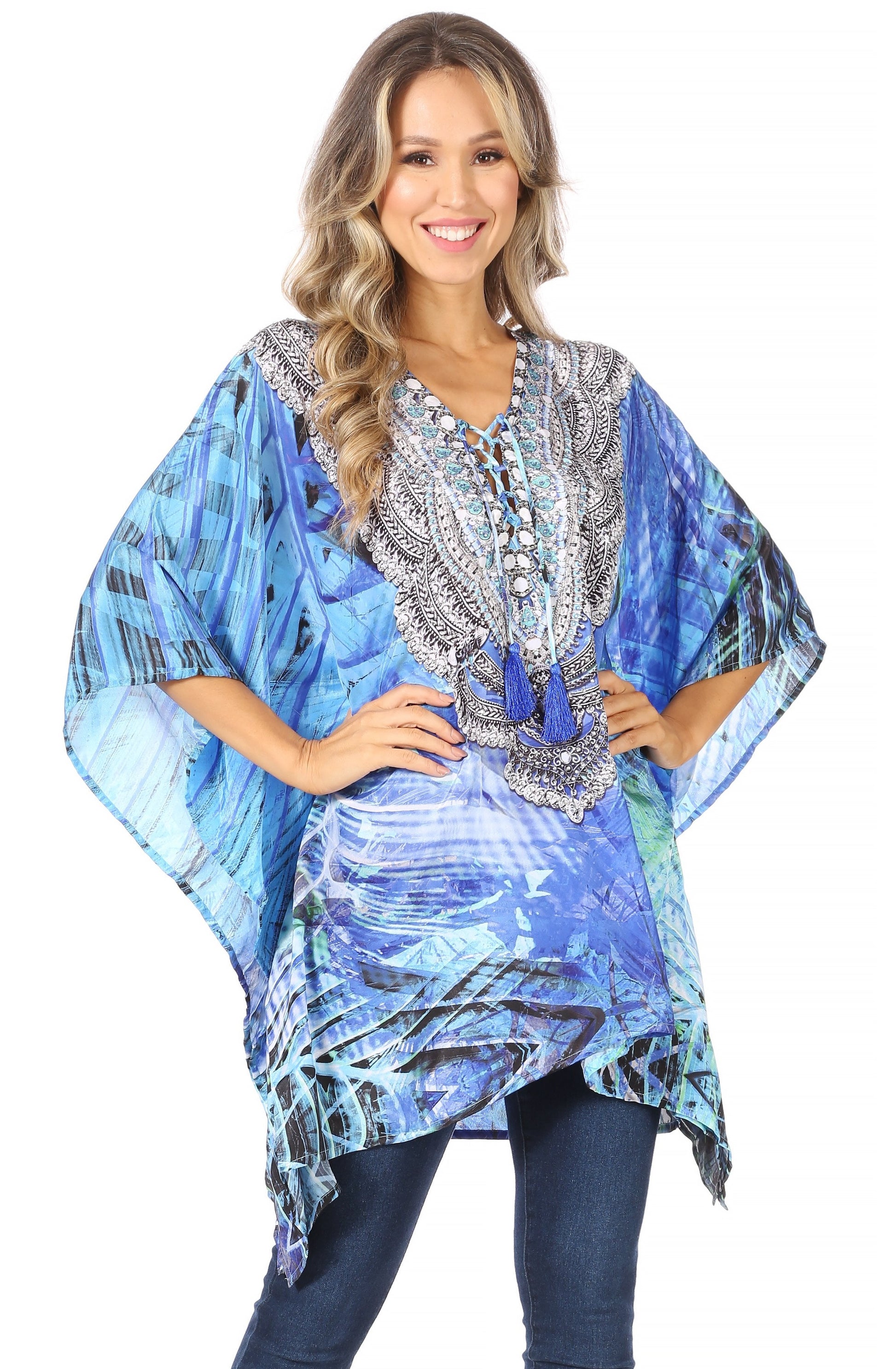 Stylish Rhinestone Lace-Up V-Neck Women's Caftan Poncho Cover-Up by Sakkas Aymee - Concordia Style Boutique