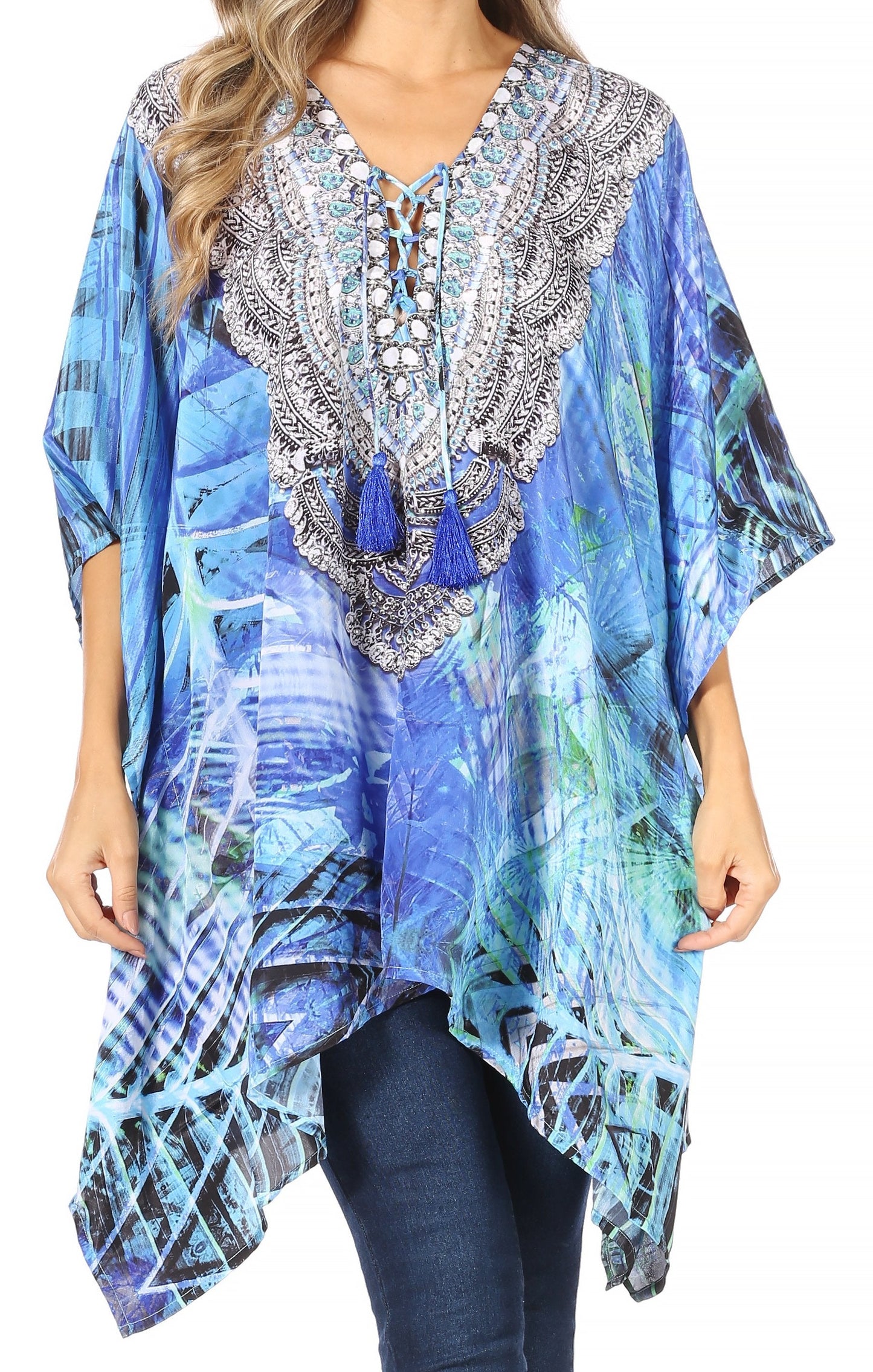 Stylish Rhinestone Lace-Up V-Neck Women's Caftan Poncho Cover-Up by Sakkas Aymee - Concordia Style Boutique