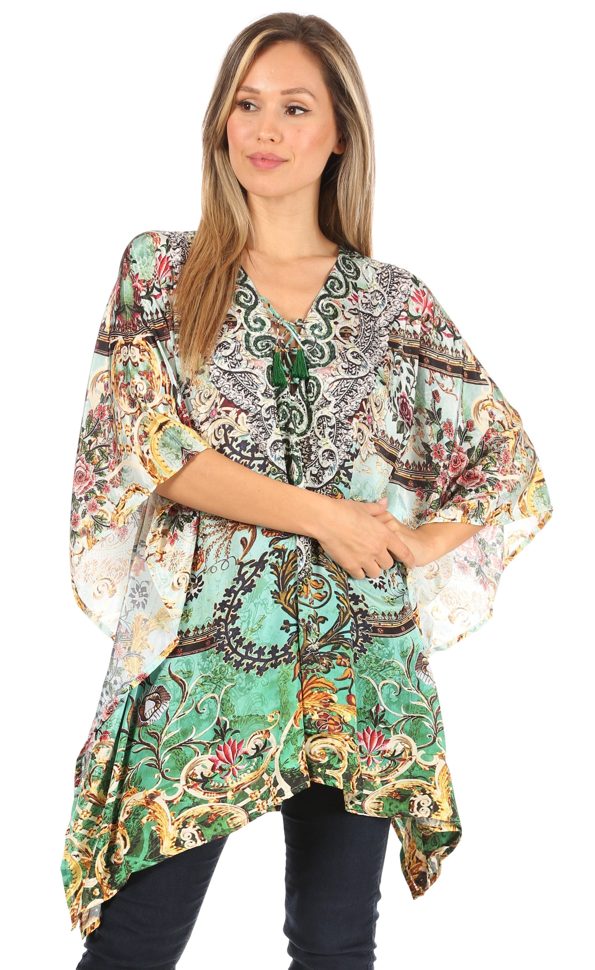 Stylish Rhinestone Lace-Up V-Neck Women's Caftan Poncho Cover-Up by Sakkas Aymee - Concordia Style Boutique