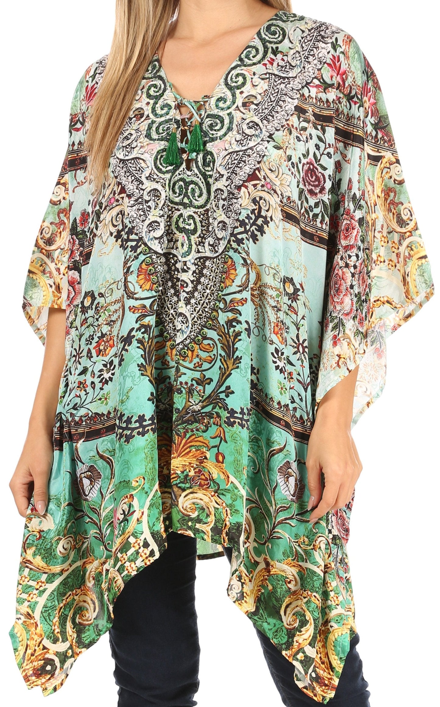 Stylish Rhinestone Lace-Up V-Neck Women's Caftan Poncho Cover-Up by Sakkas Aymee - Concordia Style Boutique