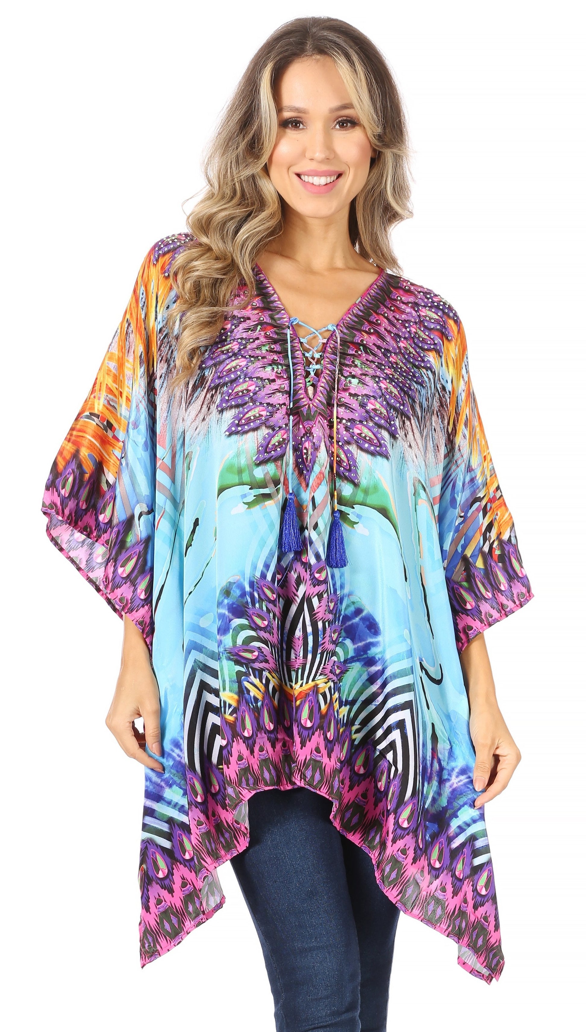 Stylish Rhinestone Lace-Up V-Neck Women's Caftan Poncho Cover-Up by Sakkas Aymee - Concordia Style Boutique