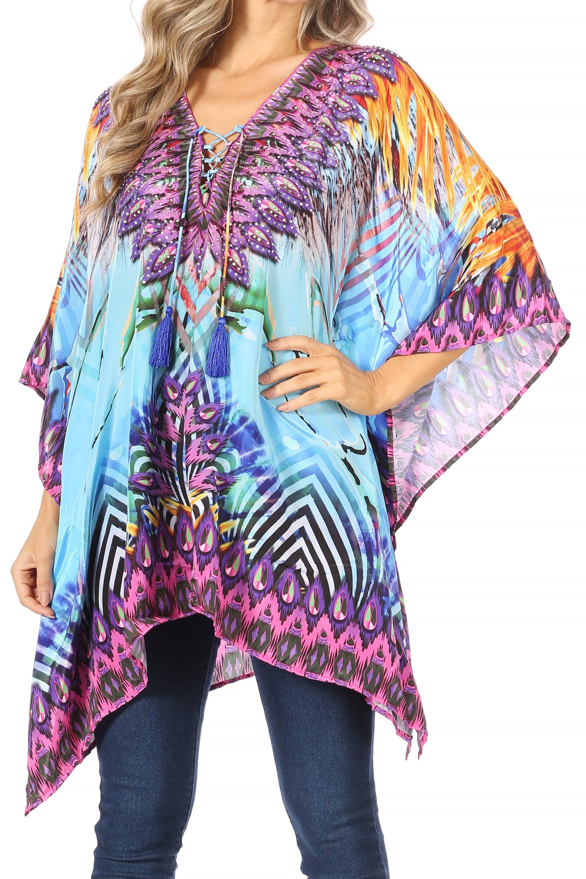 Stylish Rhinestone Lace-Up V-Neck Women's Caftan Poncho Cover-Up by Sakkas Aymee - Concordia Style Boutique