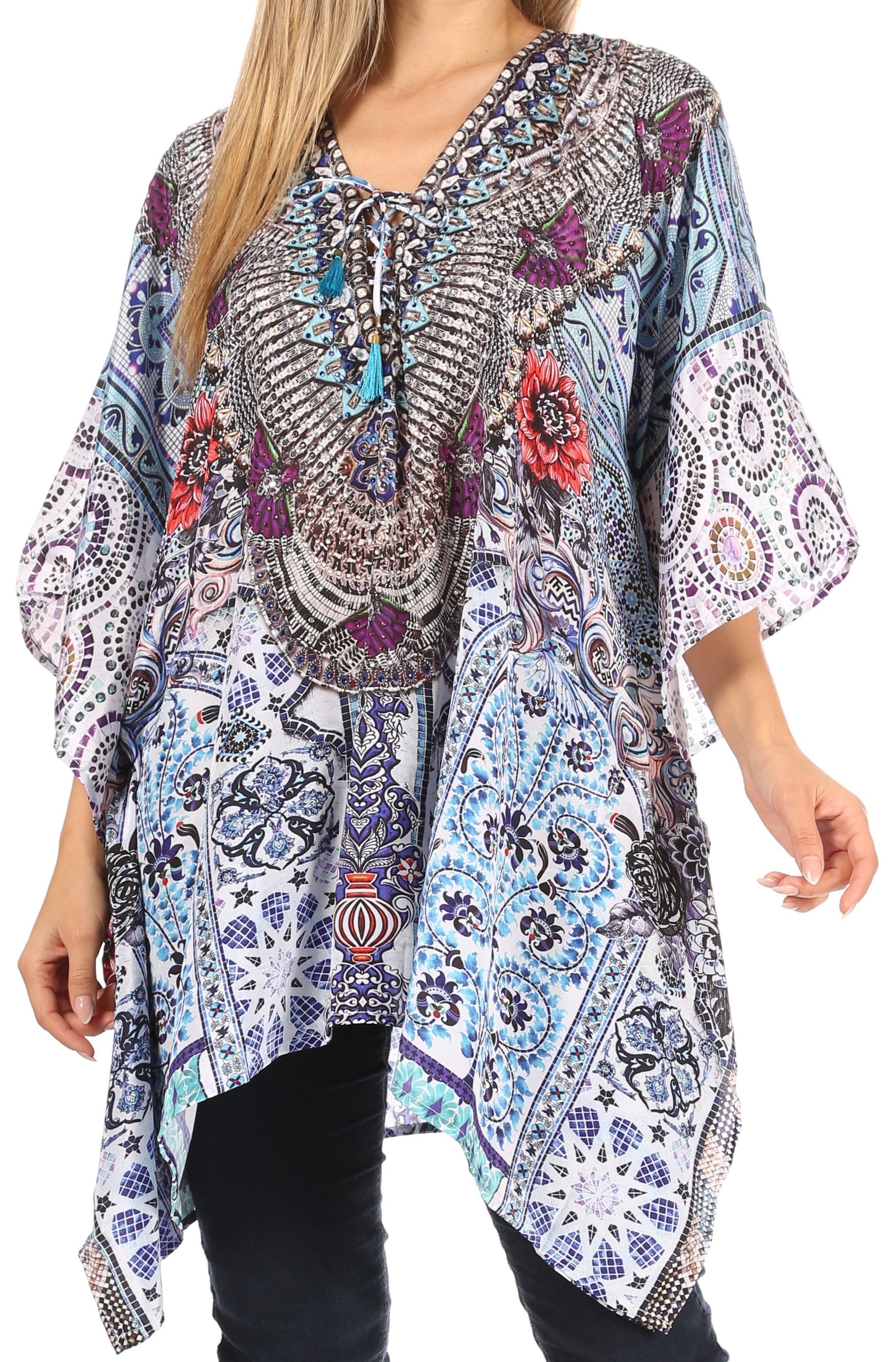 Stylish Rhinestone Lace-Up V-Neck Women's Caftan Poncho Cover-Up by Sakkas Aymee - Concordia Style Boutique