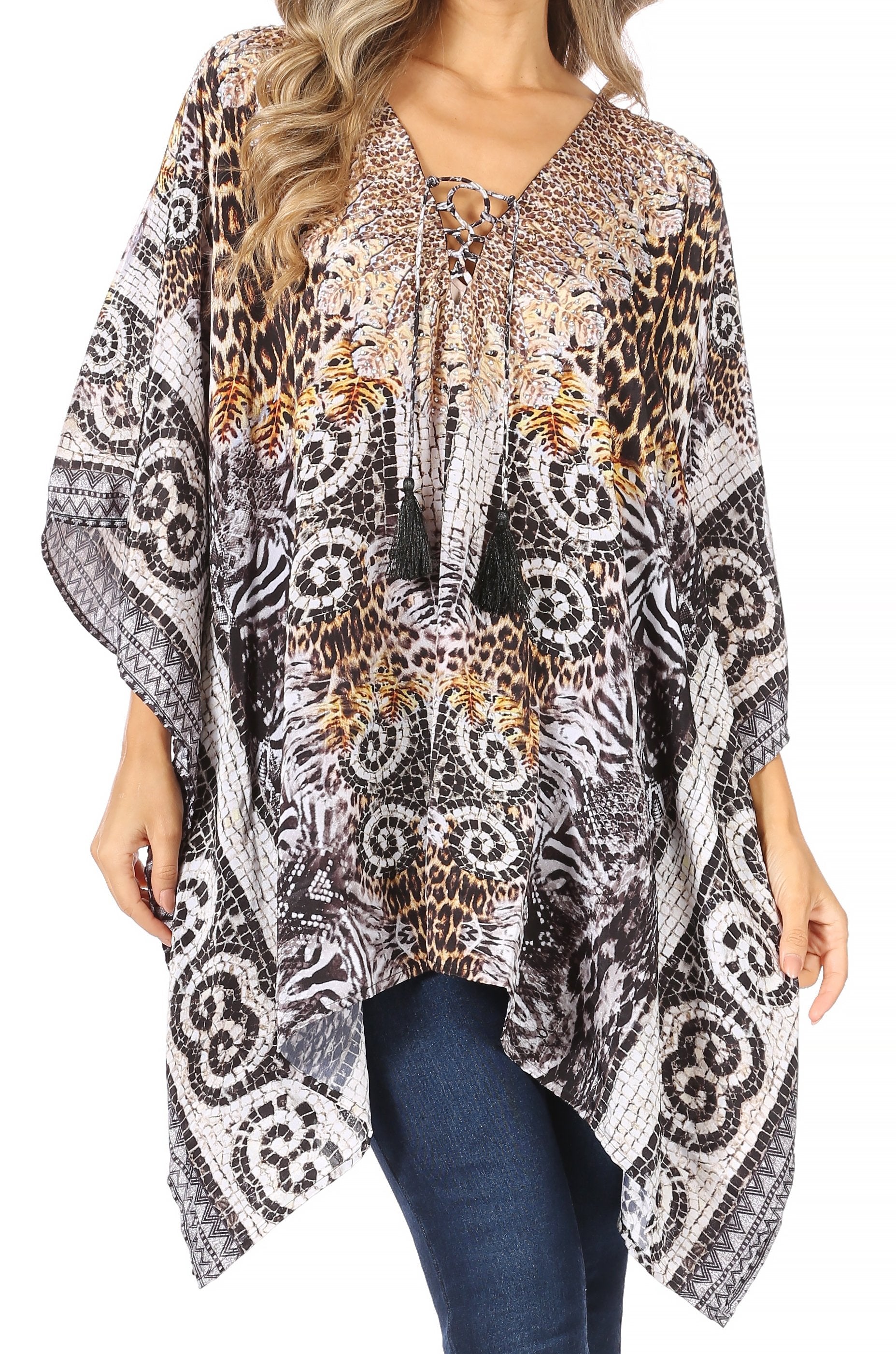 Stylish Rhinestone Lace-Up V-Neck Women's Caftan Poncho Cover-Up by Sakkas Aymee - Concordia Style Boutique
