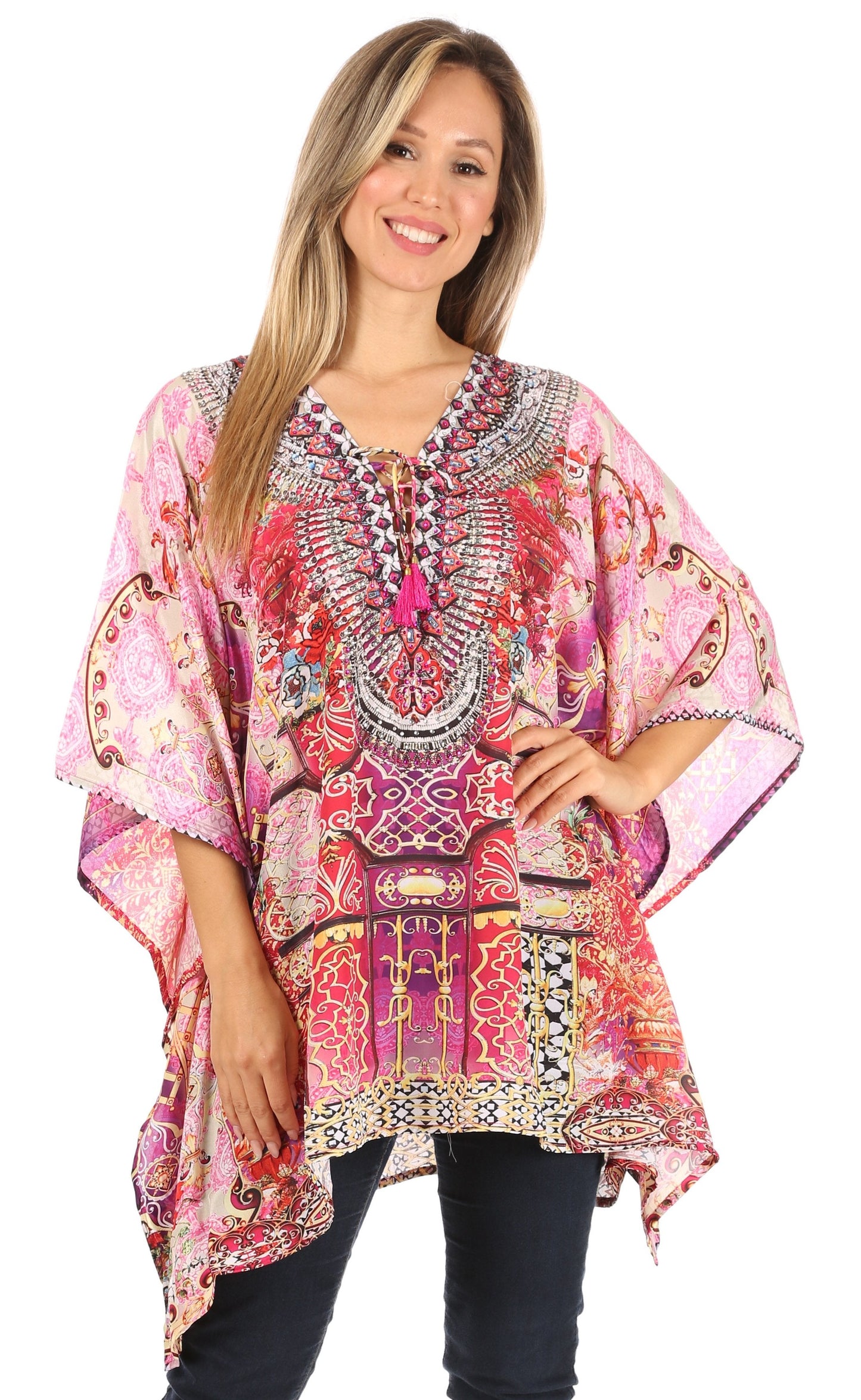 Stylish Rhinestone Lace-Up V-Neck Women's Caftan Poncho Cover-Up by Sakkas Aymee - Concordia Style Boutique