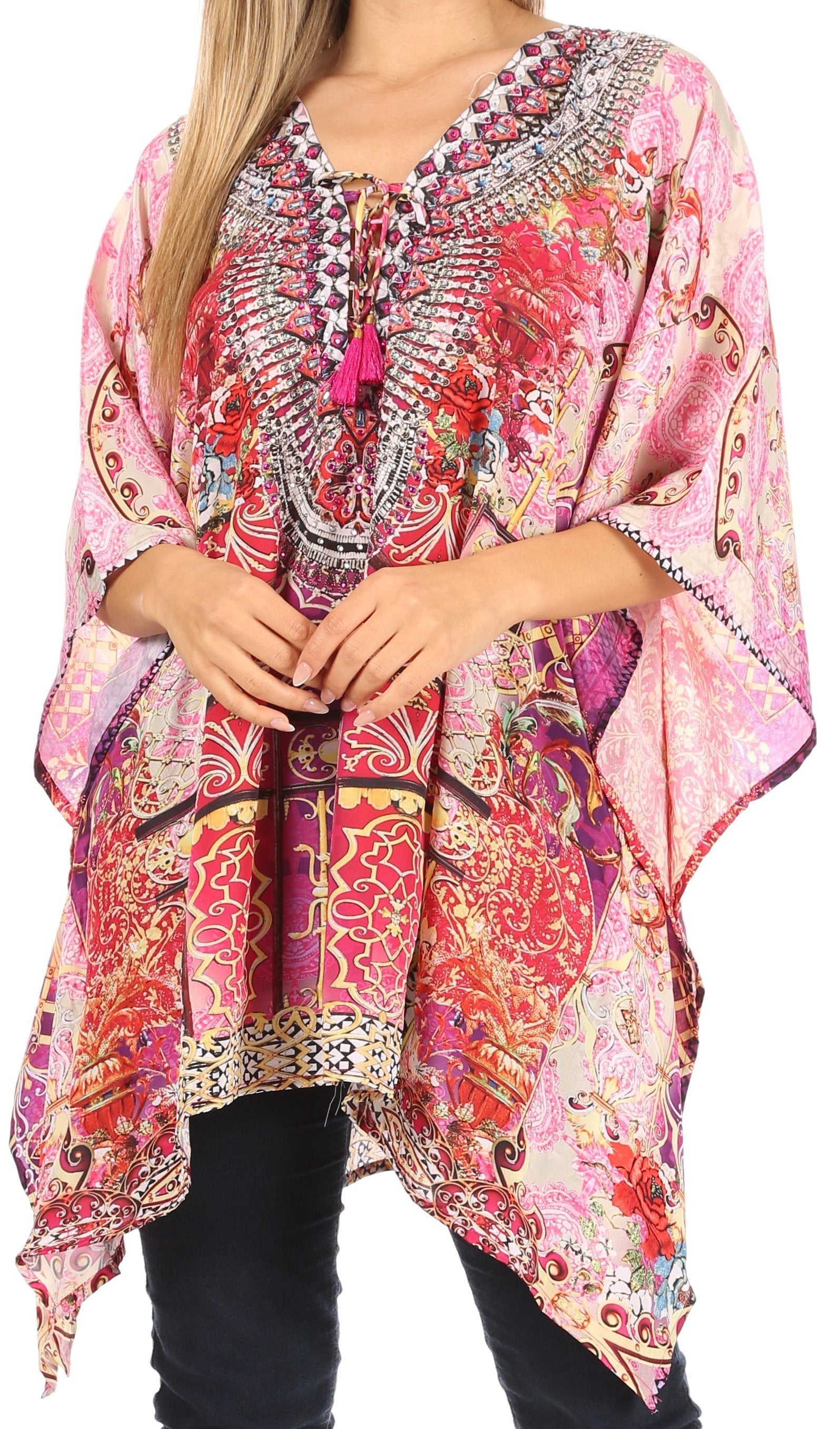 Stylish Rhinestone Lace-Up V-Neck Women's Caftan Poncho Cover-Up by Sakkas Aymee - Concordia Style Boutique