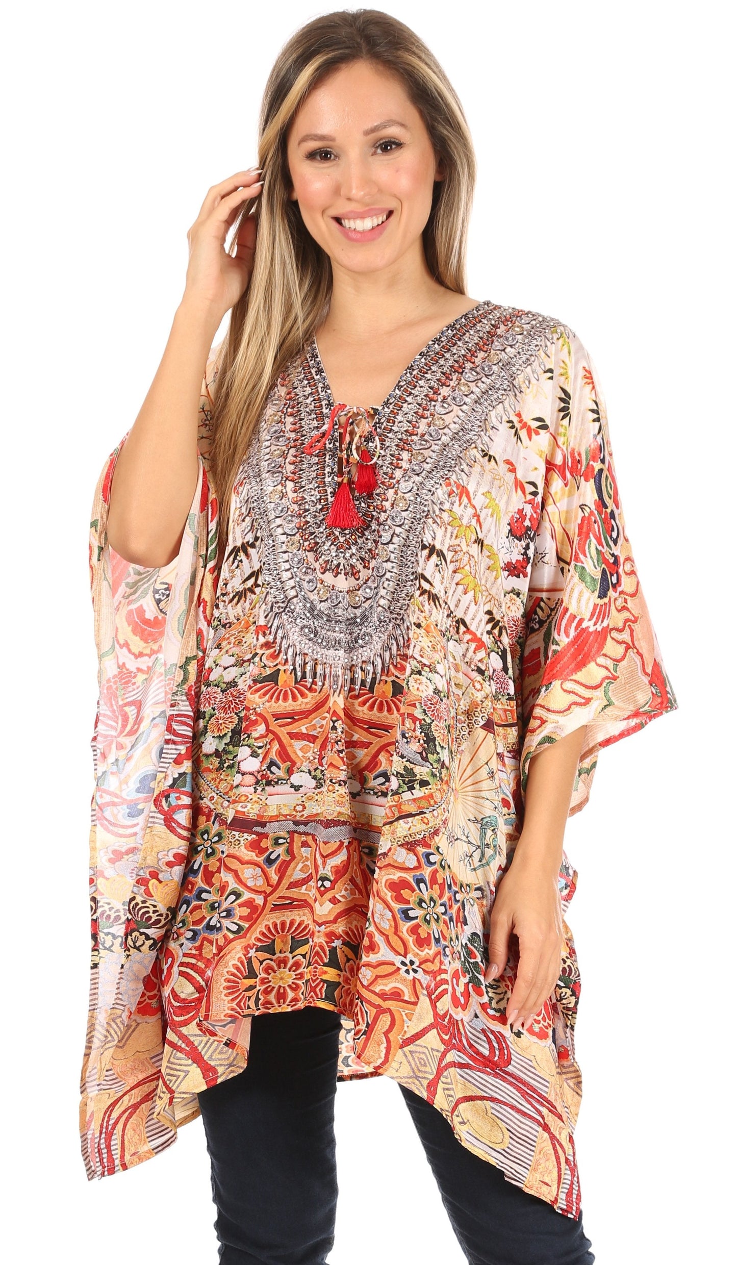 Stylish Rhinestone Lace-Up V-Neck Women's Caftan Poncho Cover-Up by Sakkas Aymee - Concordia Style Boutique