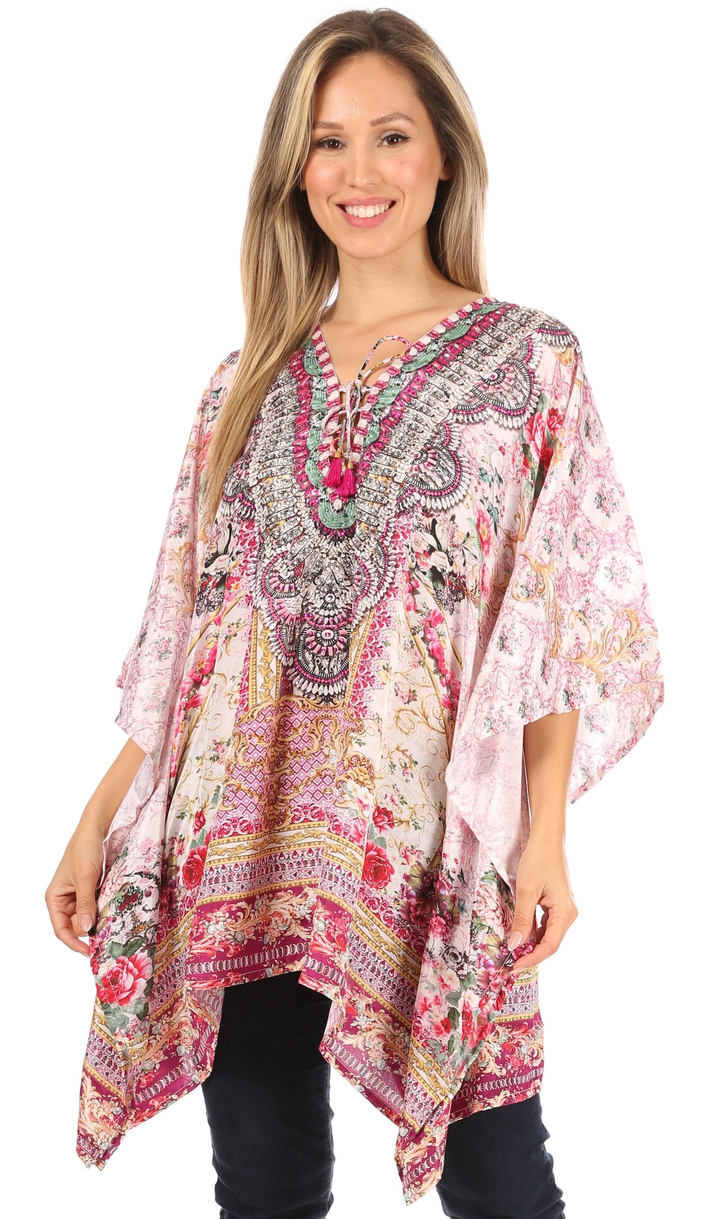 Stylish Rhinestone Lace-Up V-Neck Women's Caftan Poncho Cover-Up by Sakkas Aymee - Concordia Style Boutique