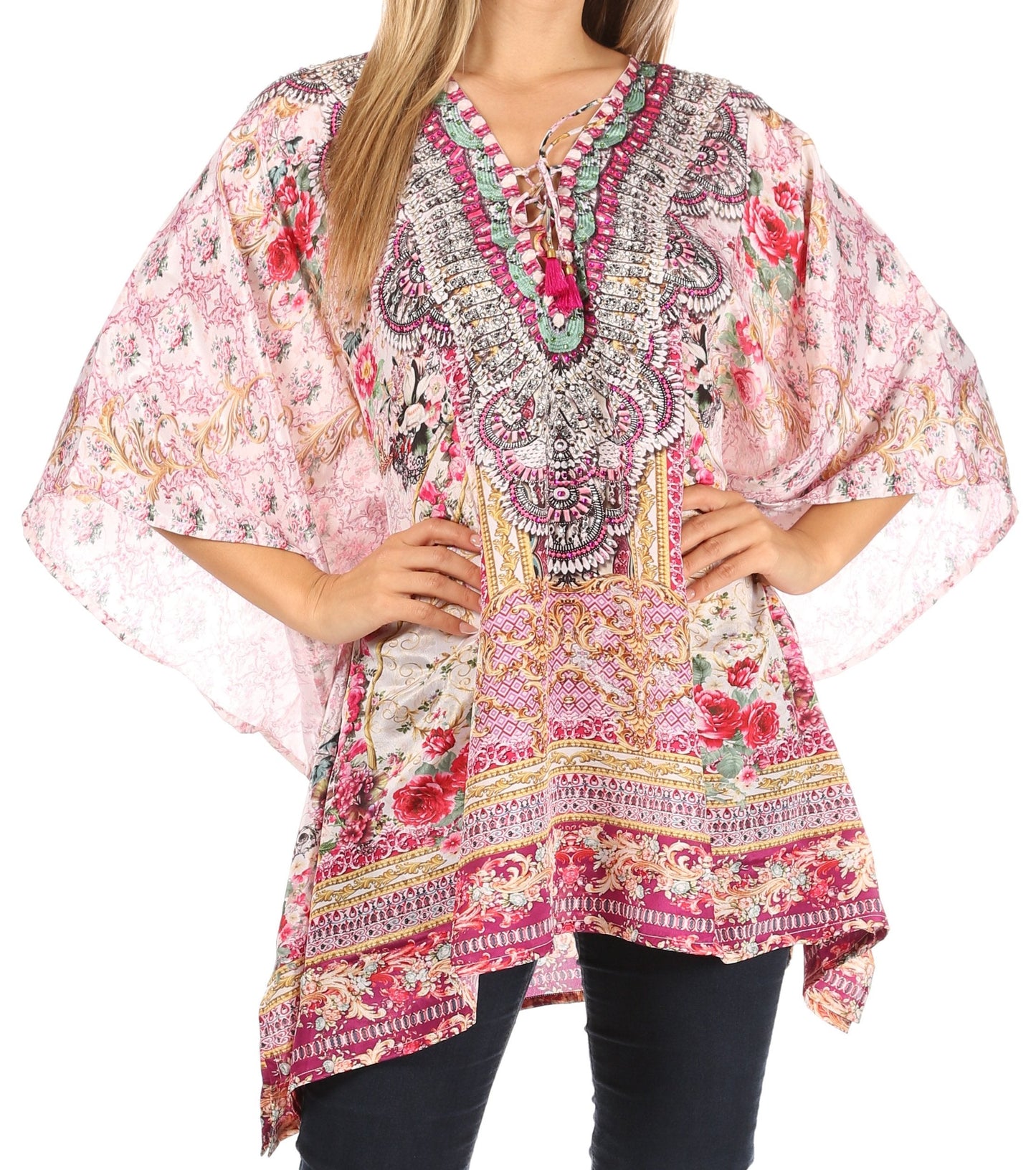 Stylish Rhinestone Lace-Up V-Neck Women's Caftan Poncho Cover-Up by Sakkas Aymee - Concordia Style Boutique