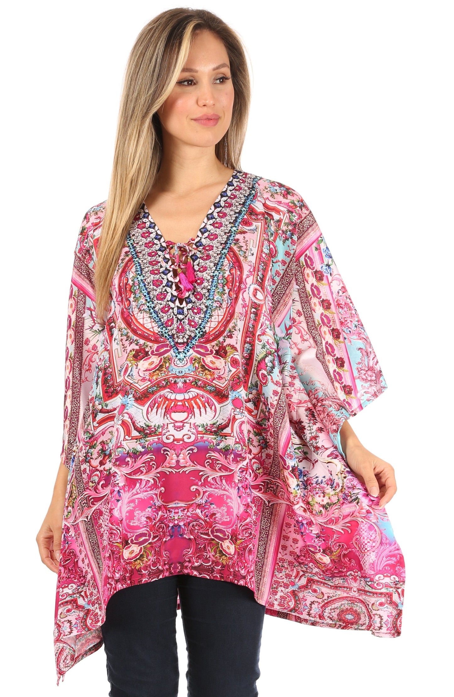 Stylish Rhinestone Lace-Up V-Neck Women's Caftan Poncho Cover-Up by Sakkas Aymee - Concordia Style Boutique