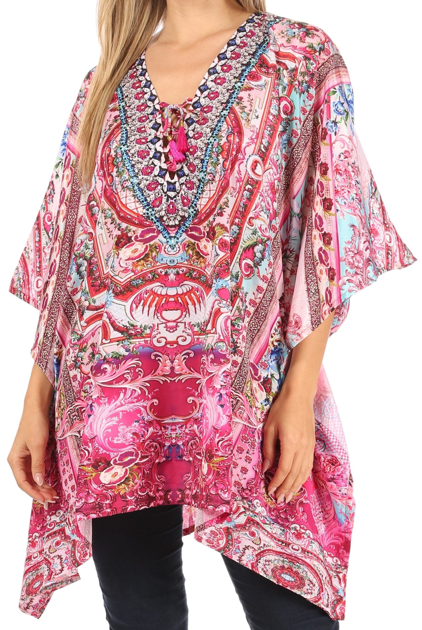 Stylish Rhinestone Lace-Up V-Neck Women's Caftan Poncho Cover-Up by Sakkas Aymee - Concordia Style Boutique