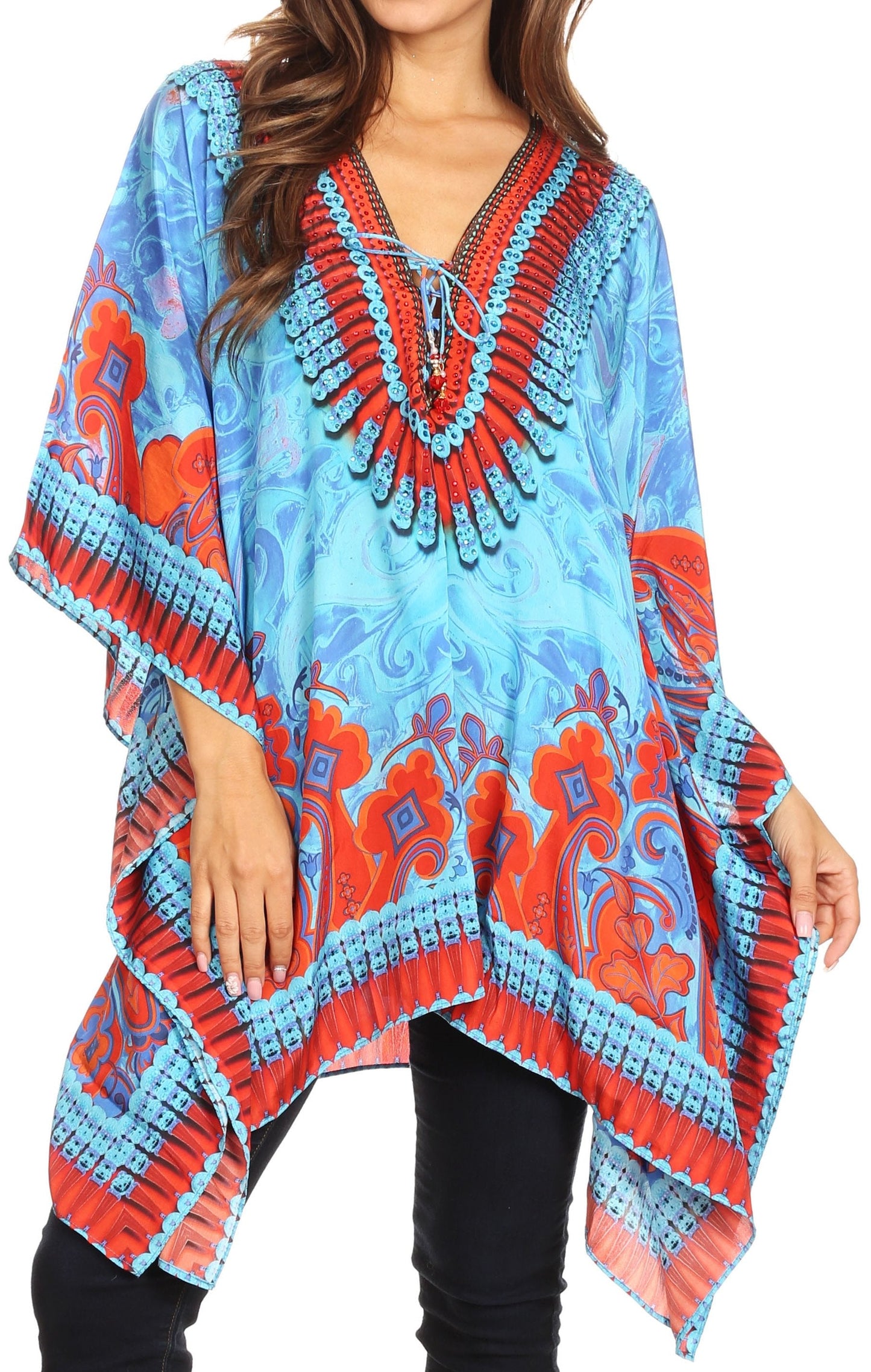 Stylish Rhinestone Lace-Up V-Neck Women's Caftan Poncho Cover-Up by Sakkas Aymee - Concordia Style Boutique