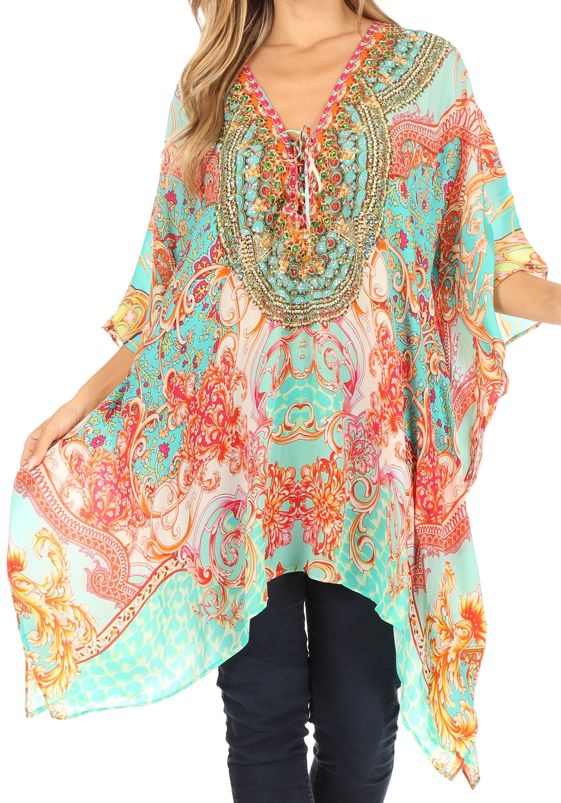 Stylish Rhinestone Lace-Up V-Neck Women's Caftan Poncho Cover-Up by Sakkas Aymee - Concordia Style Boutique