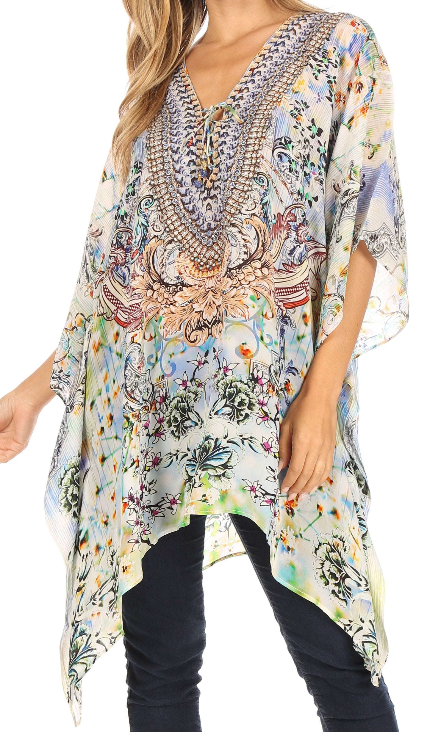 Stylish Rhinestone Lace-Up V-Neck Women's Caftan Poncho Cover-Up by Sakkas Aymee - Concordia Style Boutique