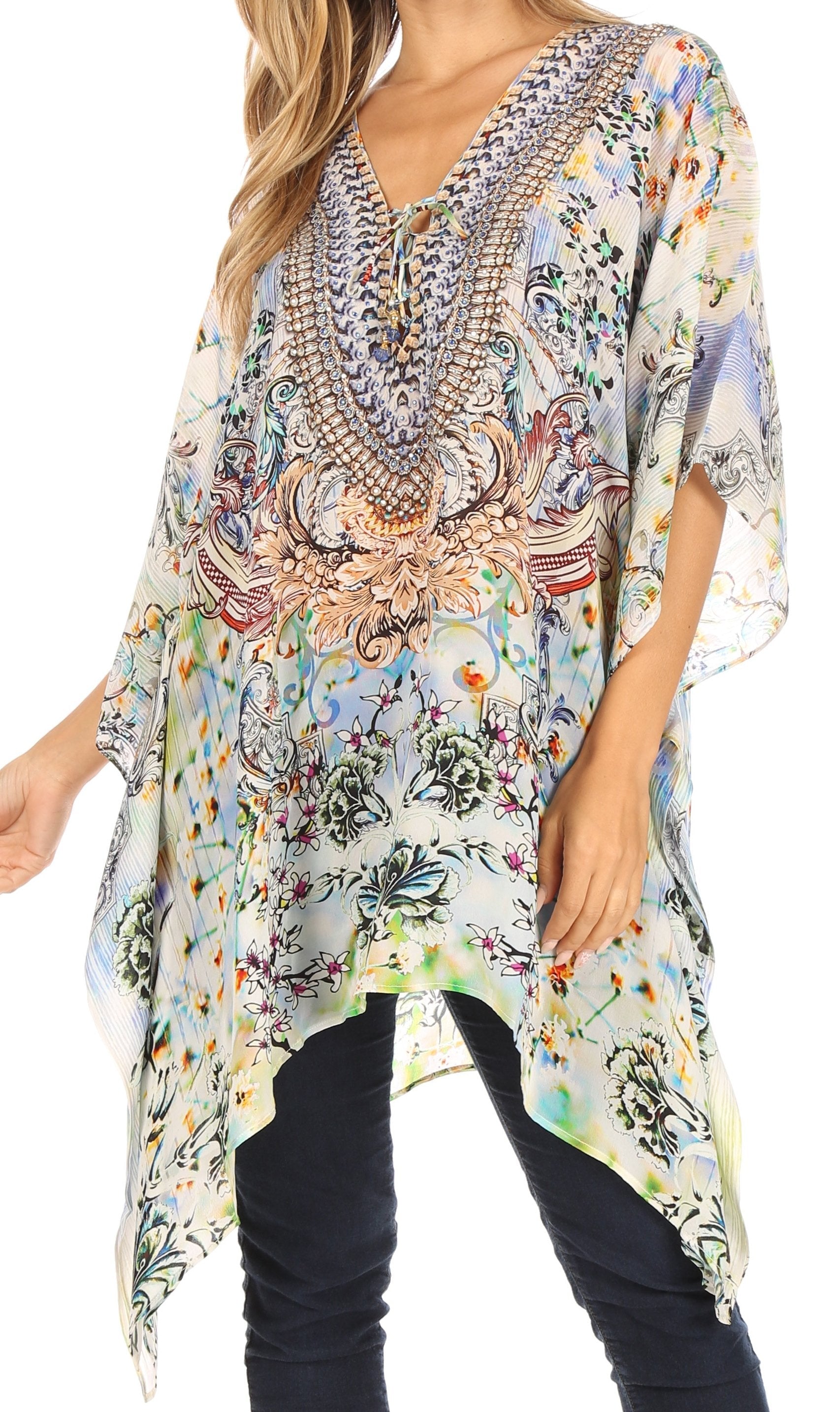 Stylish Rhinestone Lace-Up V-Neck Women's Caftan Poncho Cover-Up by Sakkas Aymee - Concordia Style Boutique
