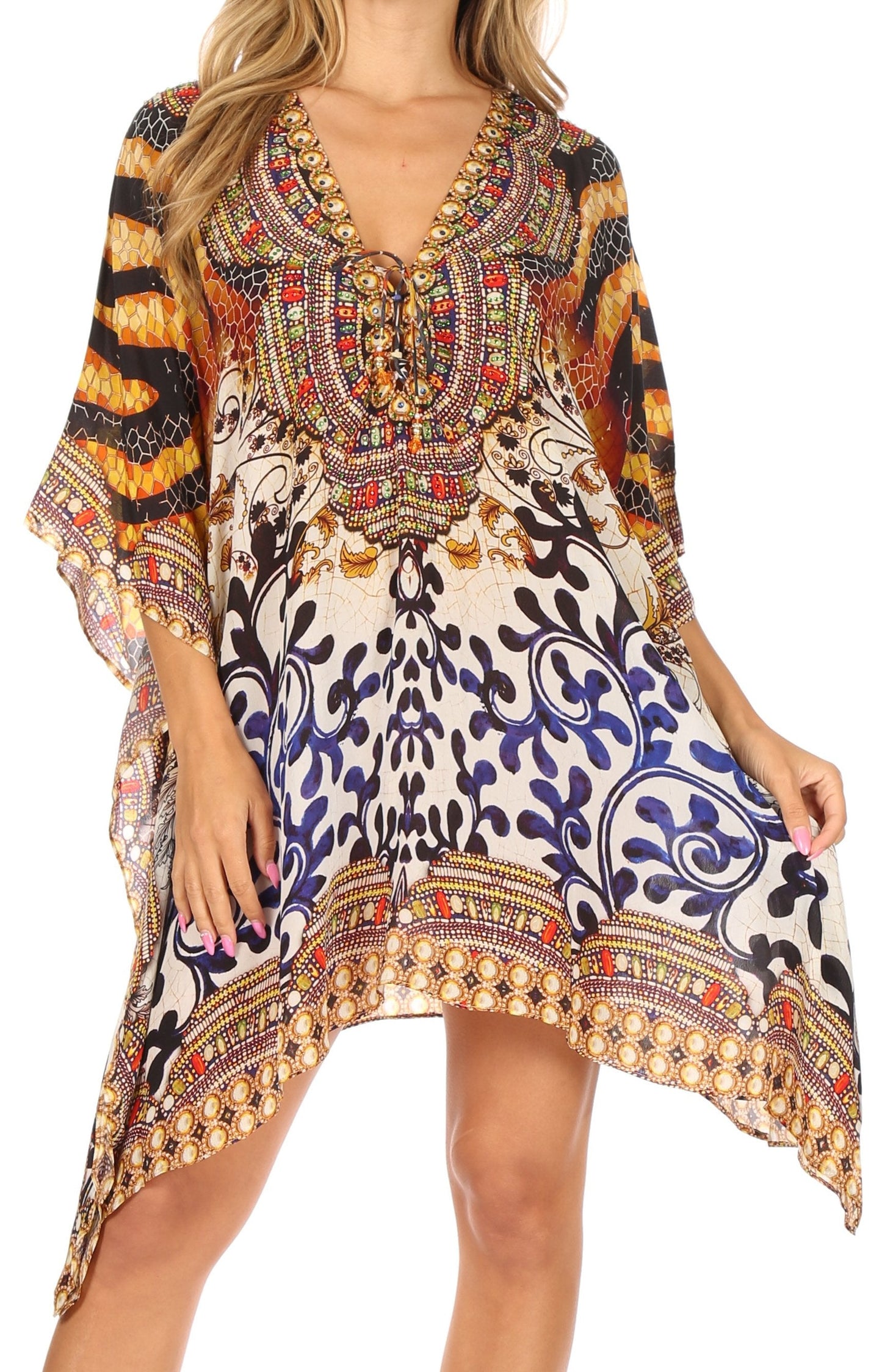 Stylish Rhinestone Lace-Up V-Neck Women's Caftan Poncho Cover-Up by Sakkas Aymee - Concordia Style Boutique