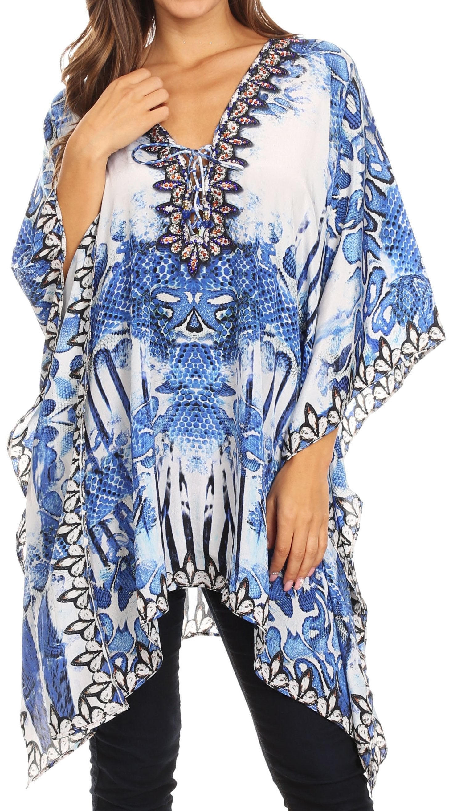 Stylish Rhinestone Lace-Up V-Neck Women's Caftan Poncho Cover-Up by Sakkas Aymee - Concordia Style Boutique
