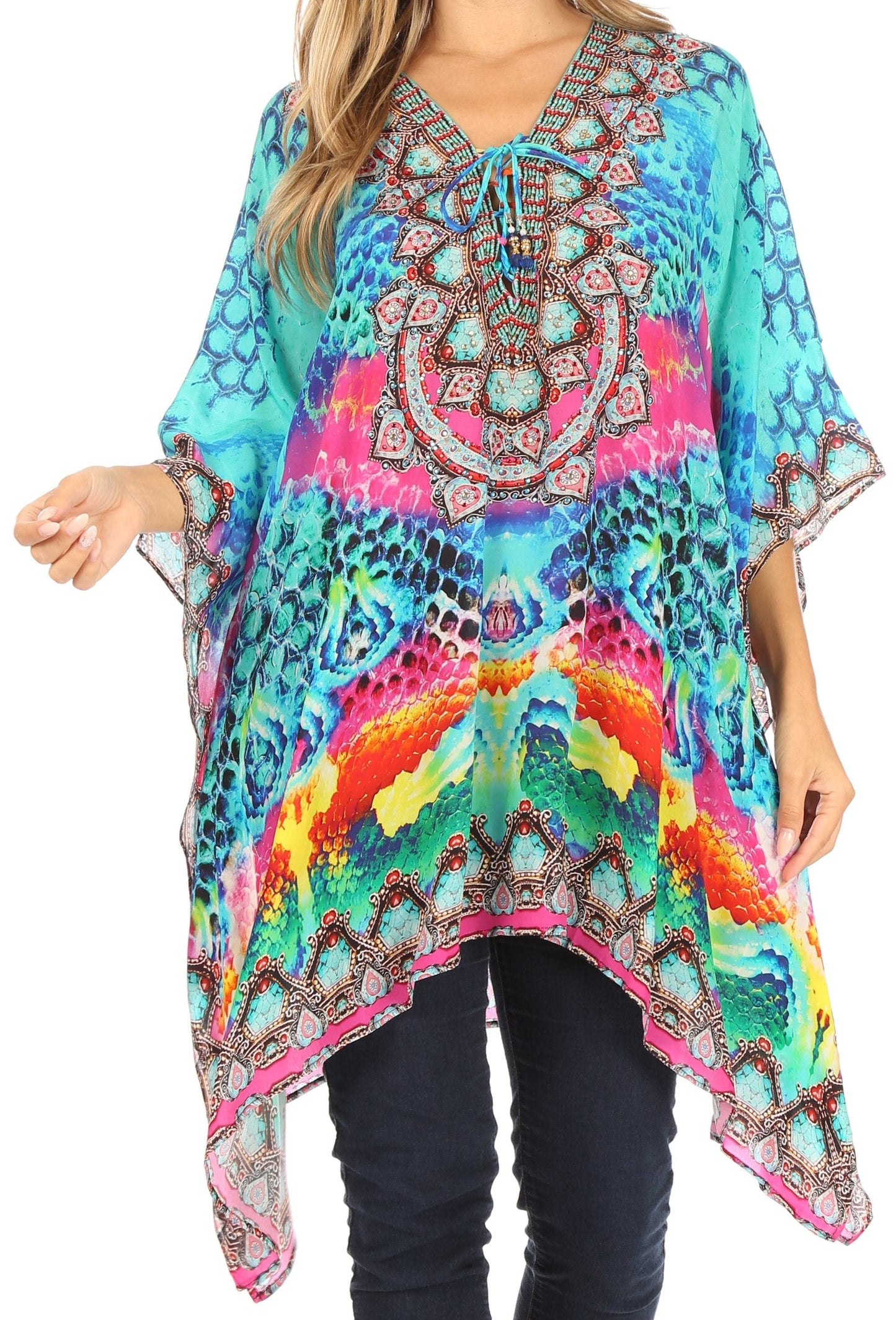 Stylish Rhinestone Lace-Up V-Neck Women's Caftan Poncho Cover-Up by Sakkas Aymee - Concordia Style Boutique
