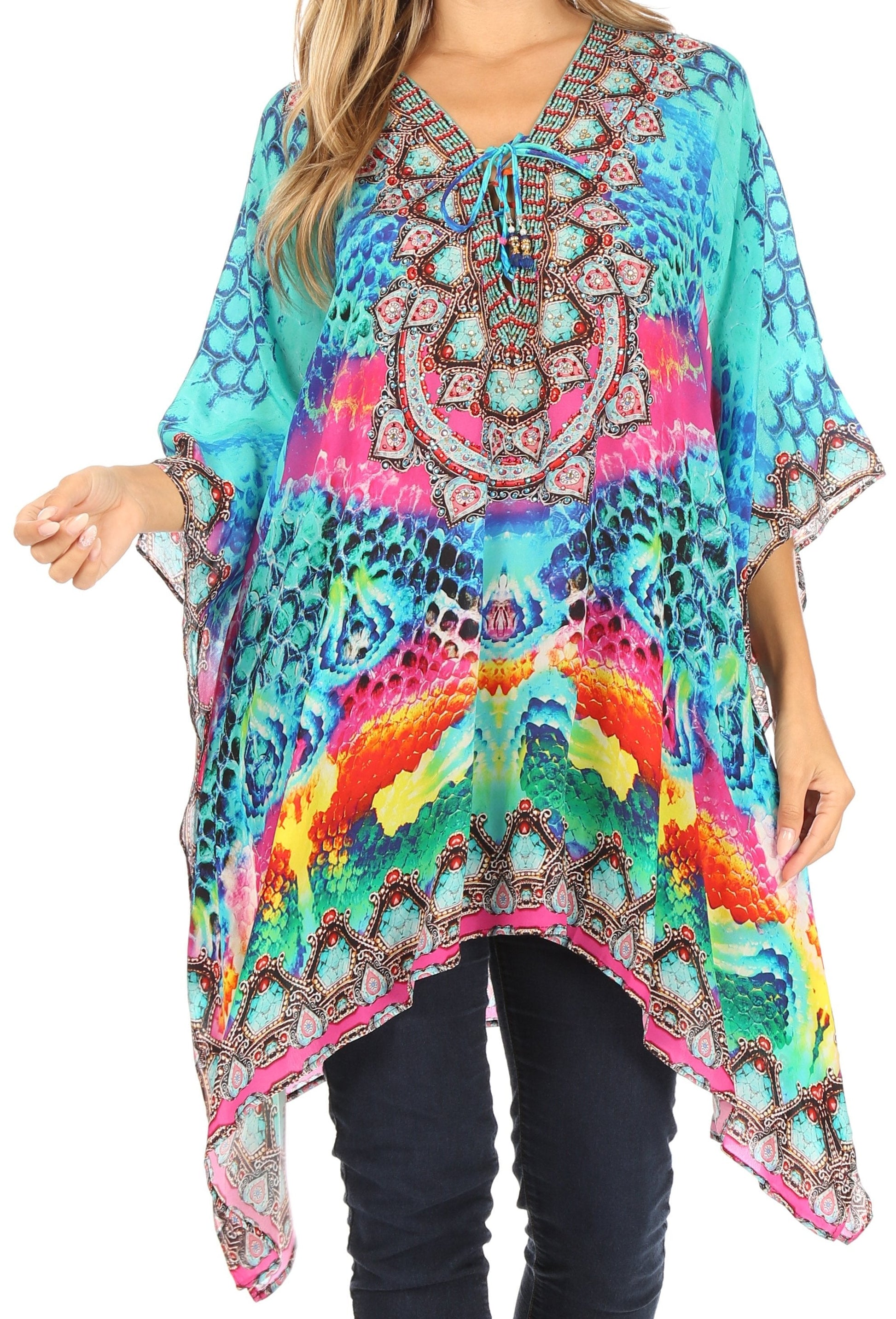 Stylish Rhinestone Lace-Up V-Neck Women's Caftan Poncho Cover-Up by Sakkas Aymee - Concordia Style Boutique