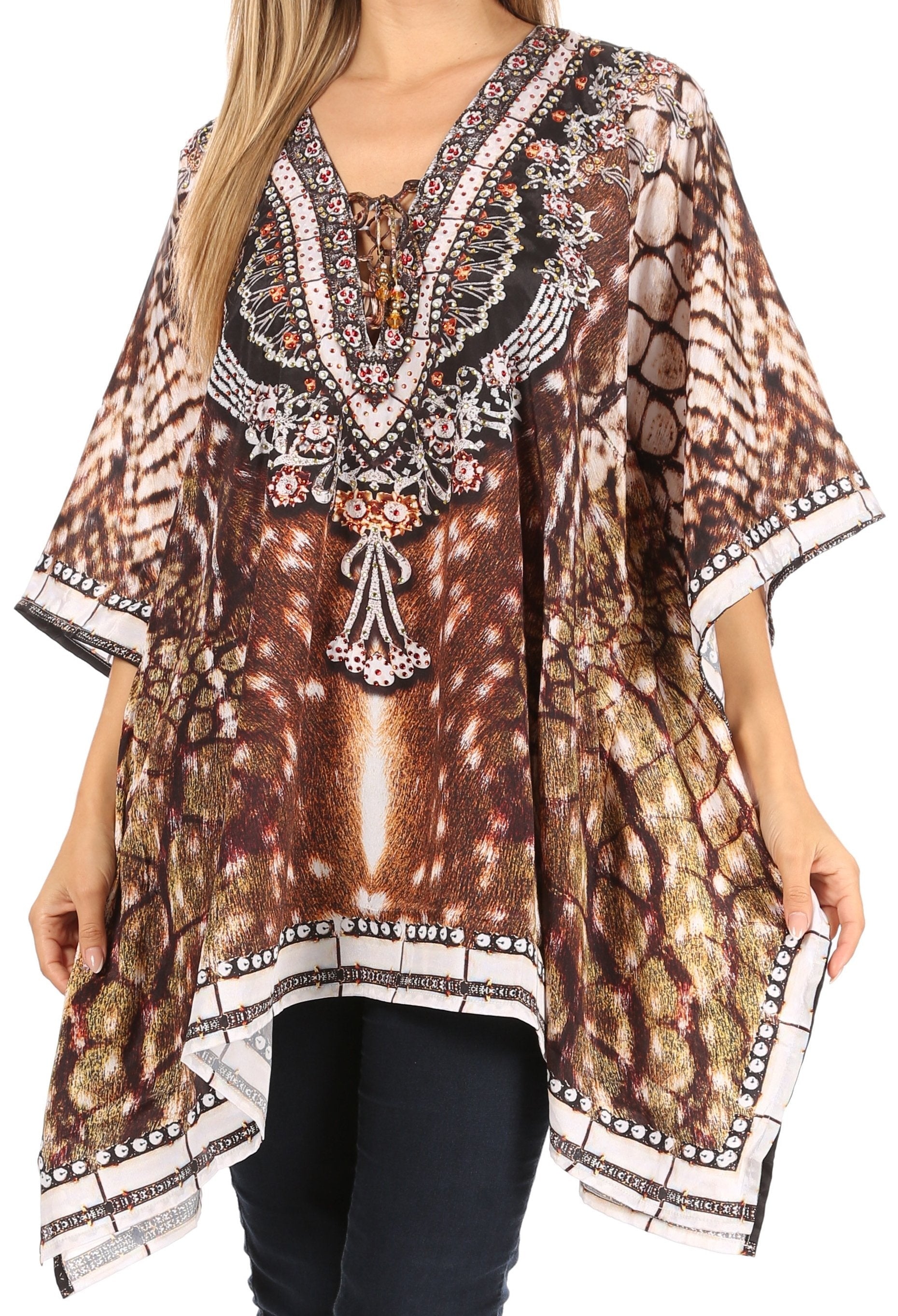 Stylish Rhinestone Lace-Up V-Neck Women's Caftan Poncho Cover-Up by Sakkas Aymee - Concordia Style Boutique