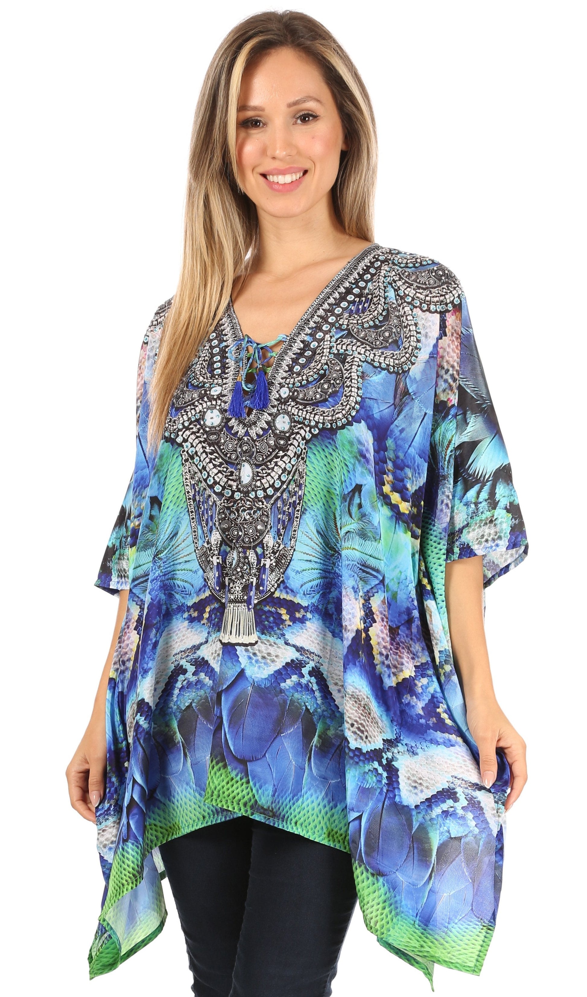 Stylish Rhinestone Lace-Up V-Neck Women's Caftan Poncho Cover-Up by Sakkas Aymee - Concordia Style Boutique