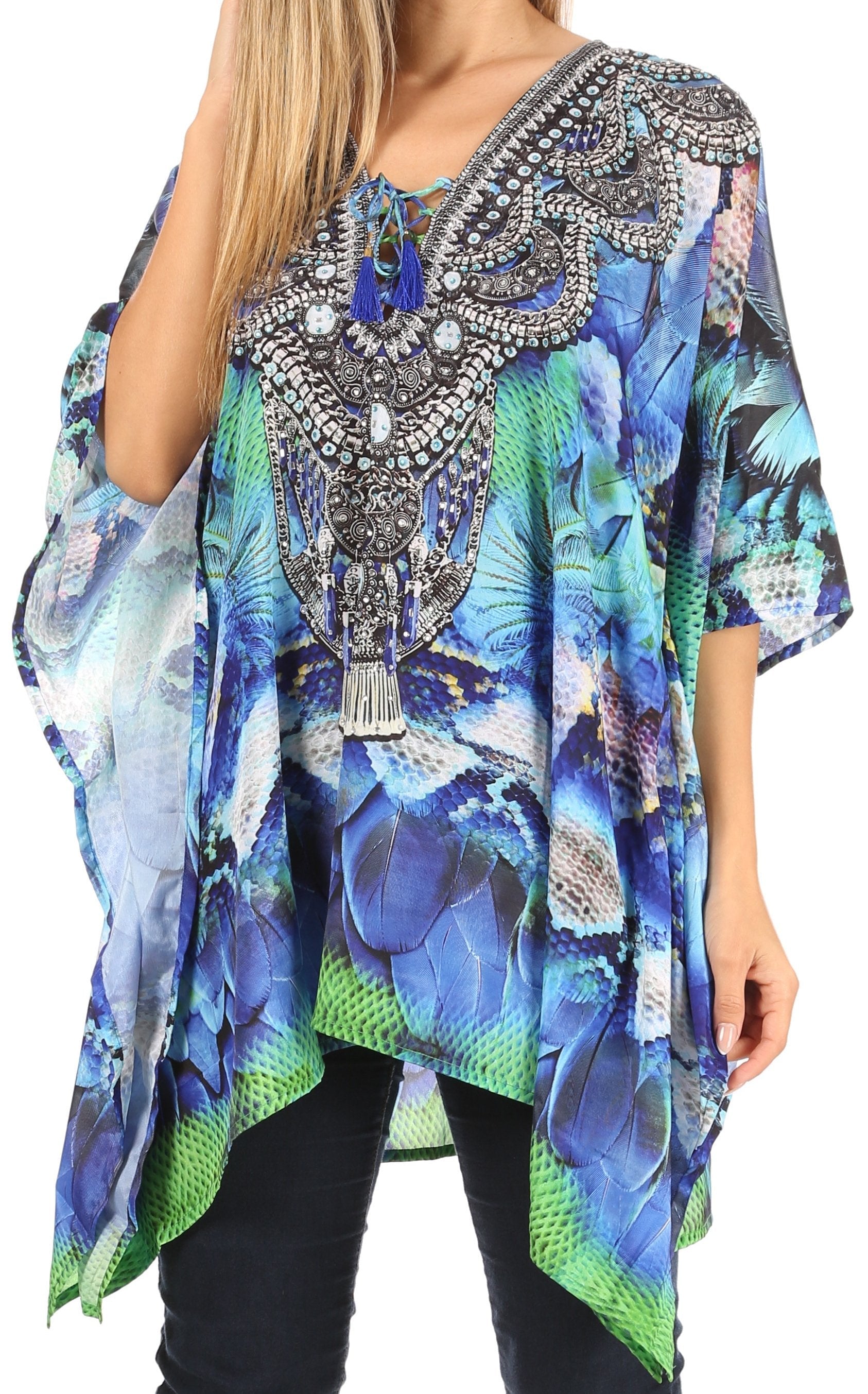 Stylish Rhinestone Lace-Up V-Neck Women's Caftan Poncho Cover-Up by Sakkas Aymee - Concordia Style Boutique