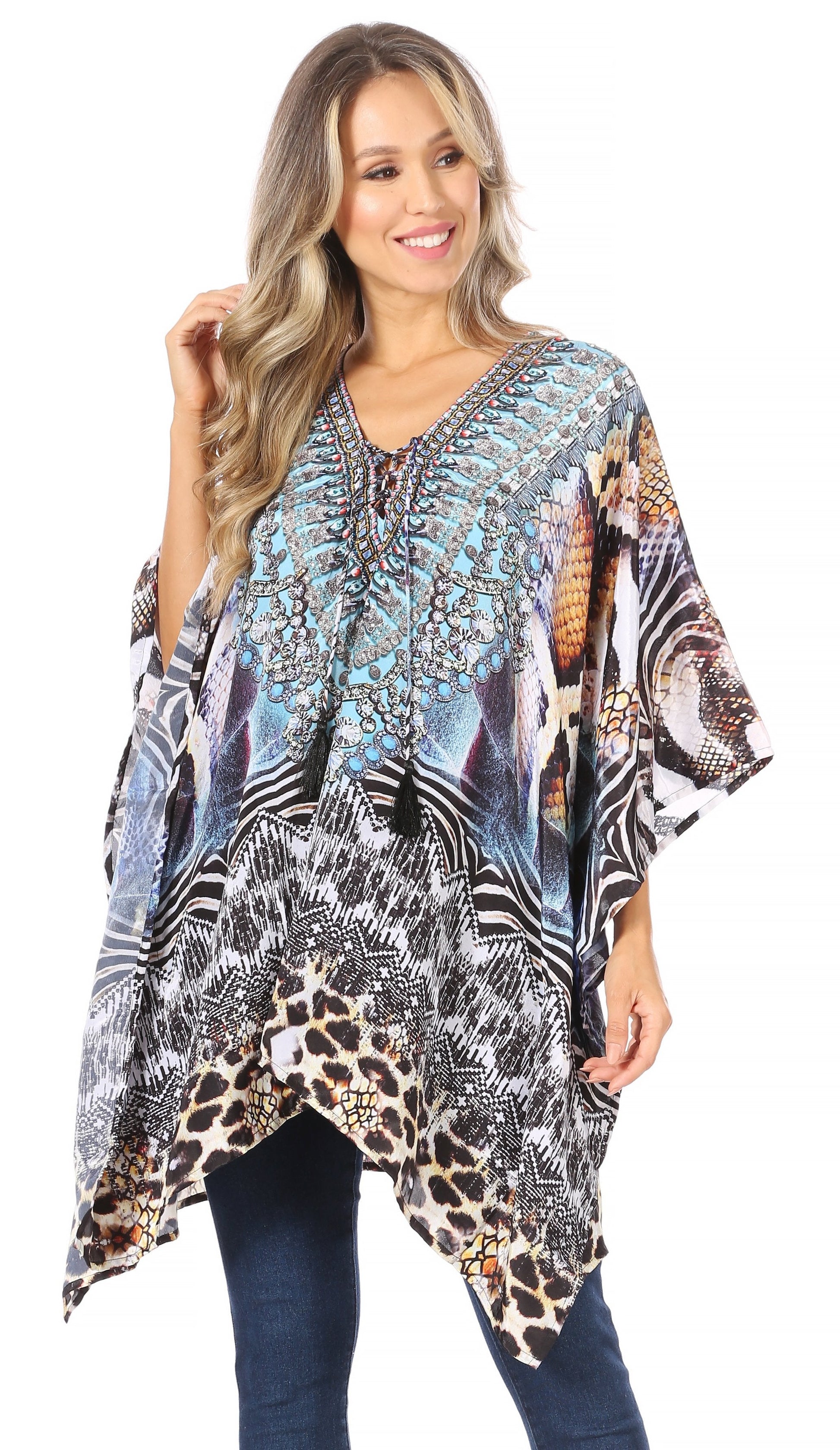 Stylish Rhinestone Lace-Up V-Neck Women's Caftan Poncho Cover-Up by Sakkas Aymee - Concordia Style Boutique