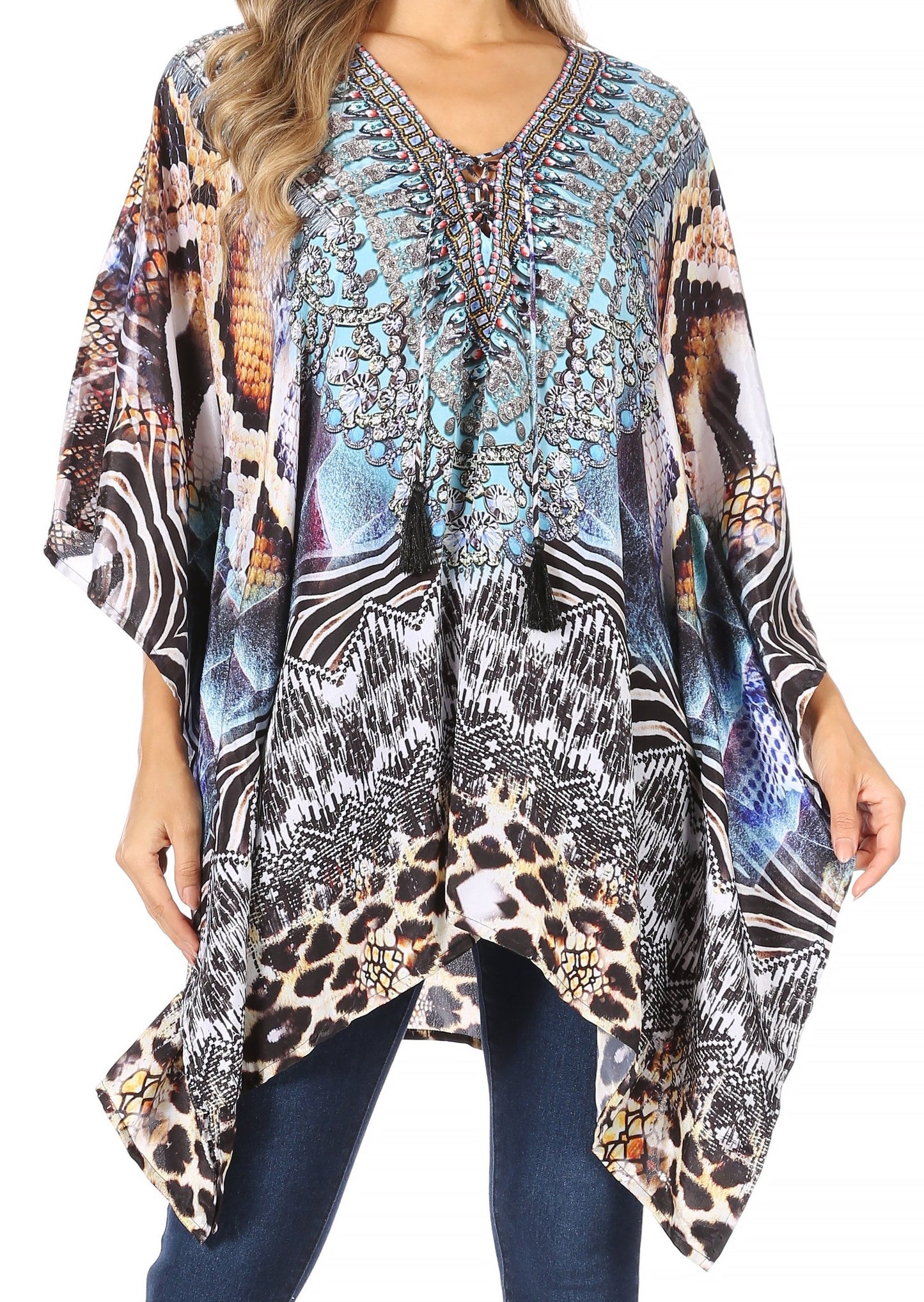 Stylish Rhinestone Lace-Up V-Neck Women's Caftan Poncho Cover-Up by Sakkas Aymee - Concordia Style Boutique
