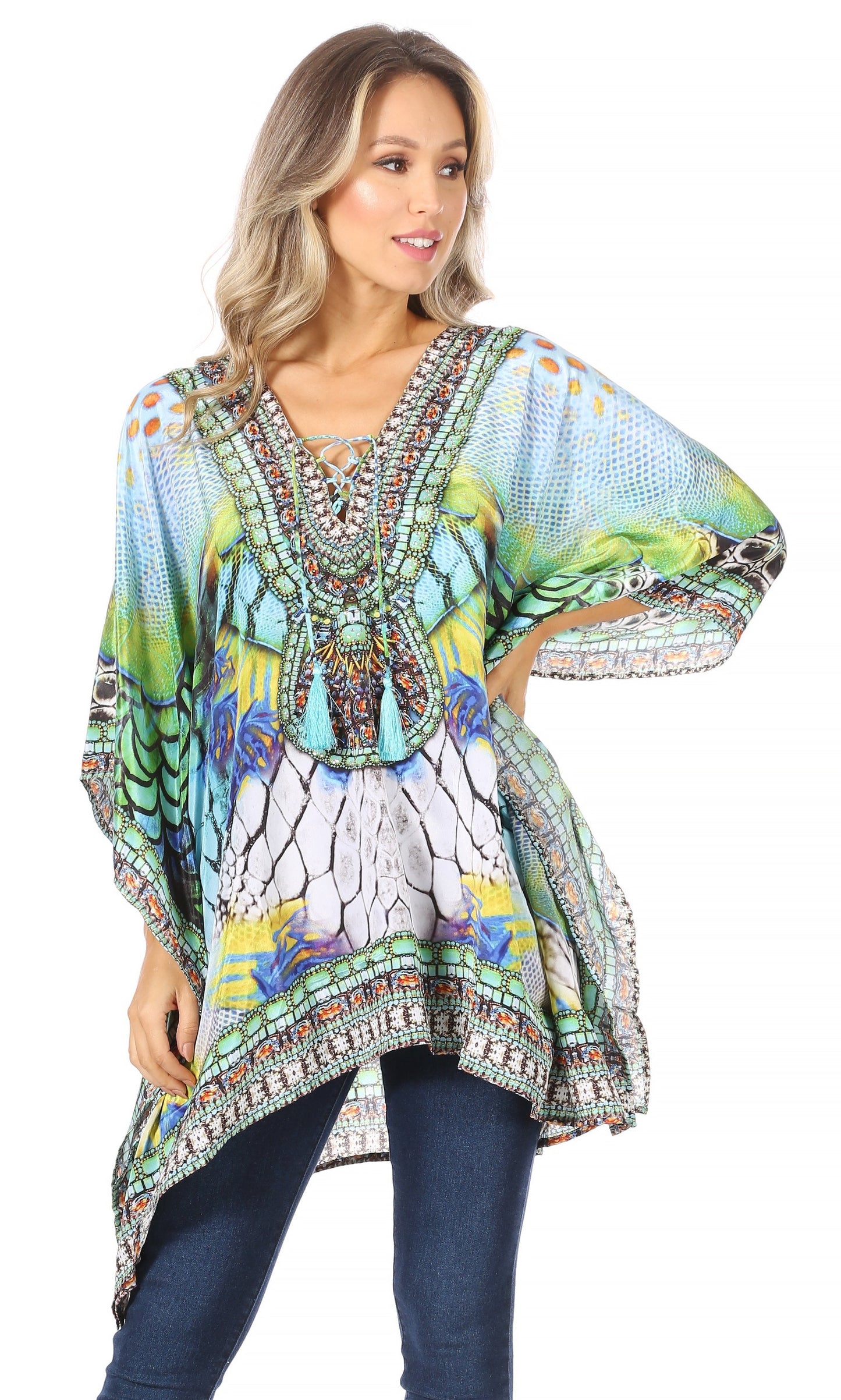 Stylish Rhinestone Lace-Up V-Neck Women's Caftan Poncho Cover-Up by Sakkas Aymee - Concordia Style Boutique