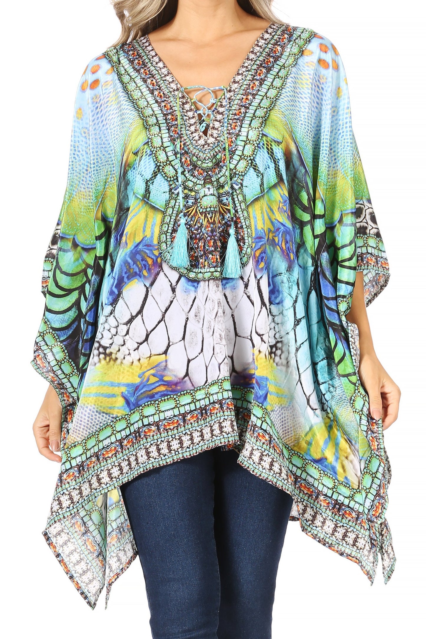 Stylish Rhinestone Lace-Up V-Neck Women's Caftan Poncho Cover-Up by Sakkas Aymee - Concordia Style Boutique