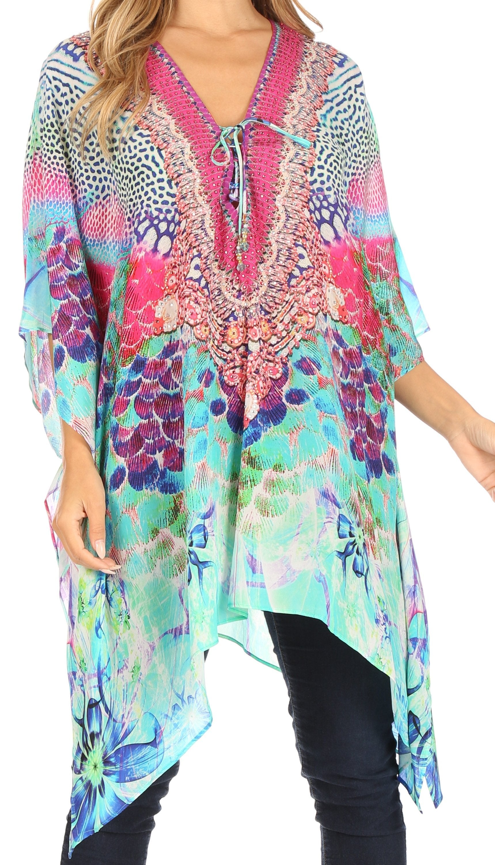 Stylish Rhinestone Lace-Up V-Neck Women's Caftan Poncho Cover-Up by Sakkas Aymee - Concordia Style Boutique