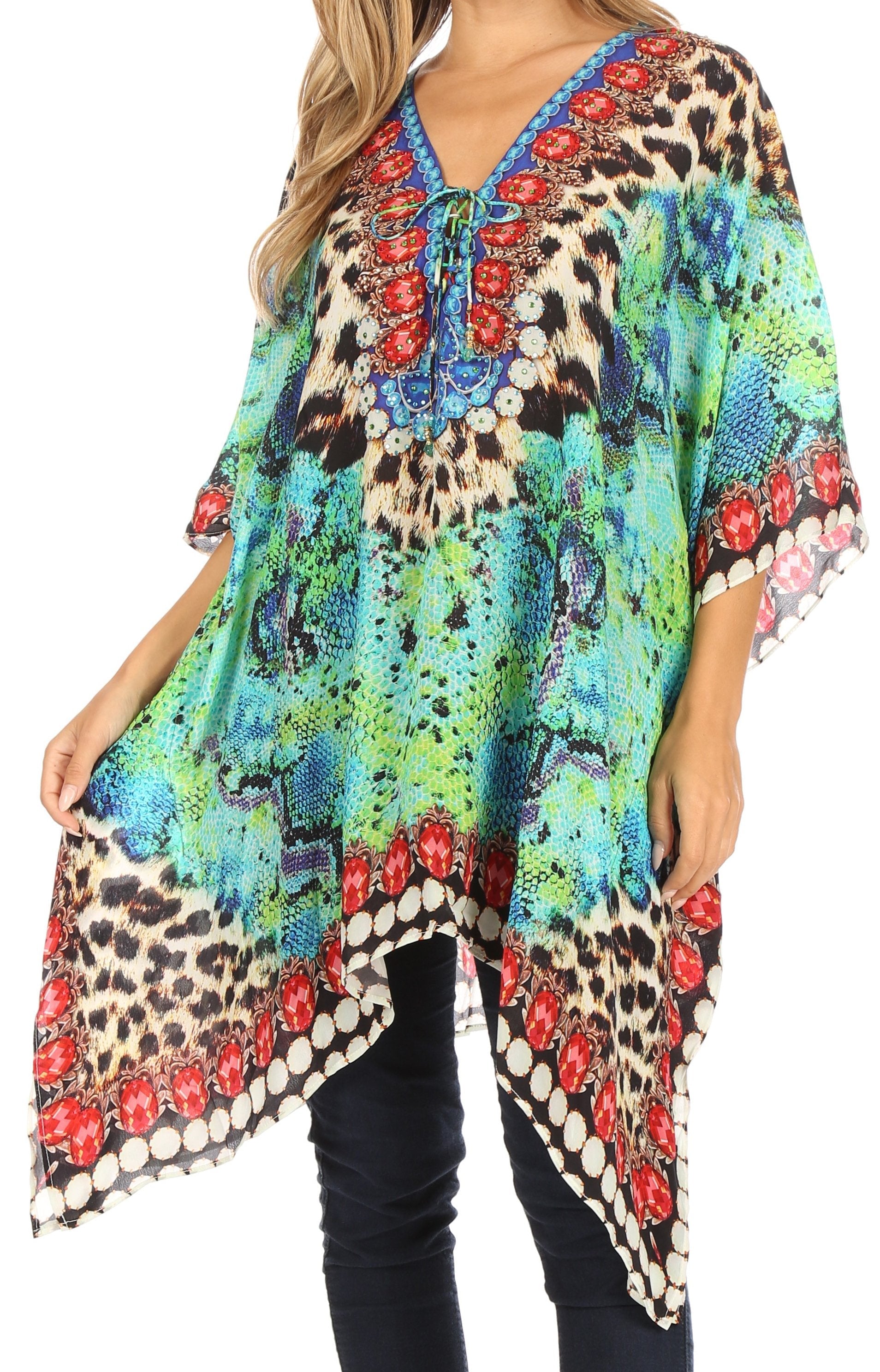 Stylish Rhinestone Lace-Up V-Neck Women's Caftan Poncho Cover-Up by Sakkas Aymee - Concordia Style Boutique