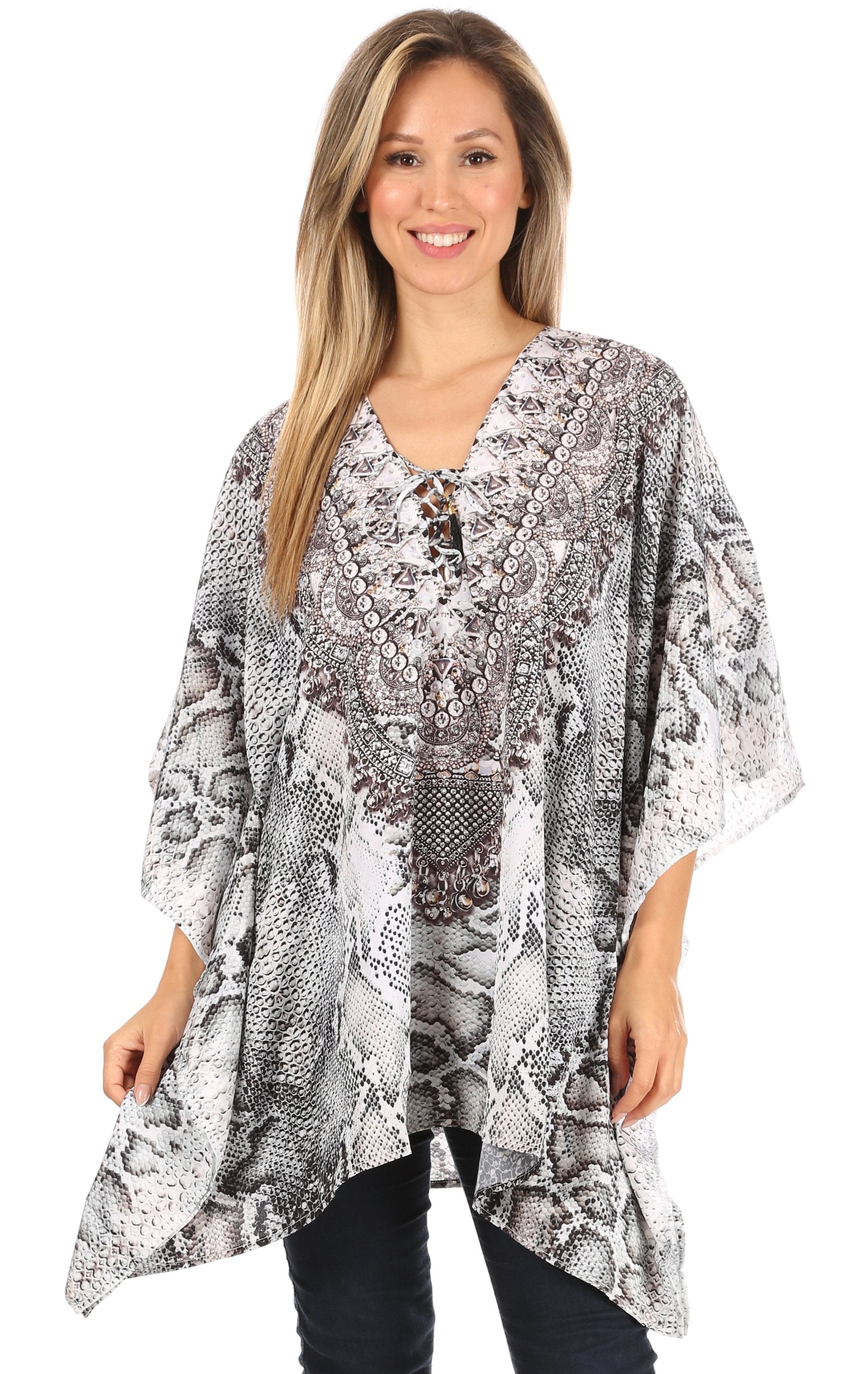 Stylish Rhinestone Lace-Up V-Neck Women's Caftan Poncho Cover-Up by Sakkas Aymee - Concordia Style Boutique