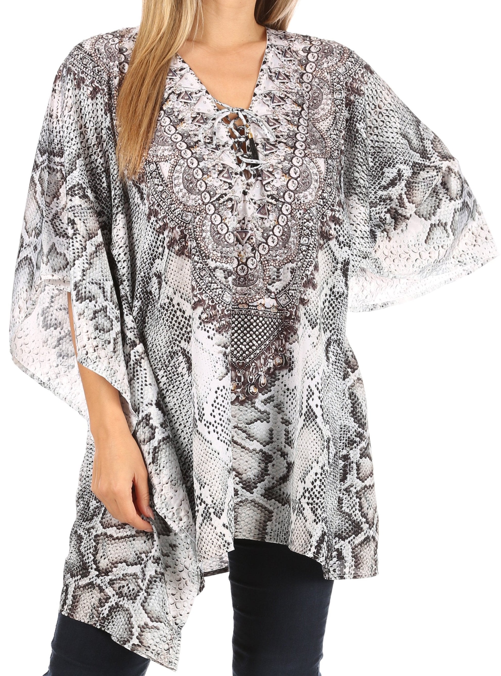 Stylish Rhinestone Lace-Up V-Neck Women's Caftan Poncho Cover-Up by Sakkas Aymee - Concordia Style Boutique