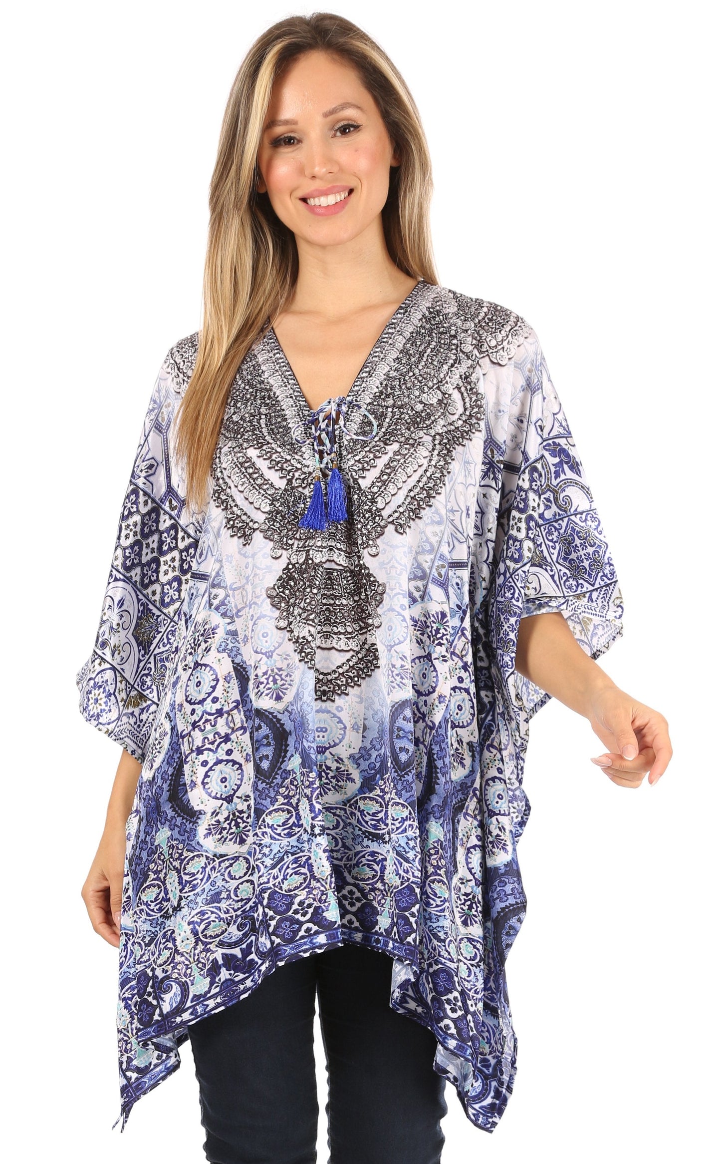 Stylish Rhinestone Lace-Up V-Neck Women's Caftan Poncho Cover-Up by Sakkas Aymee - Concordia Style Boutique