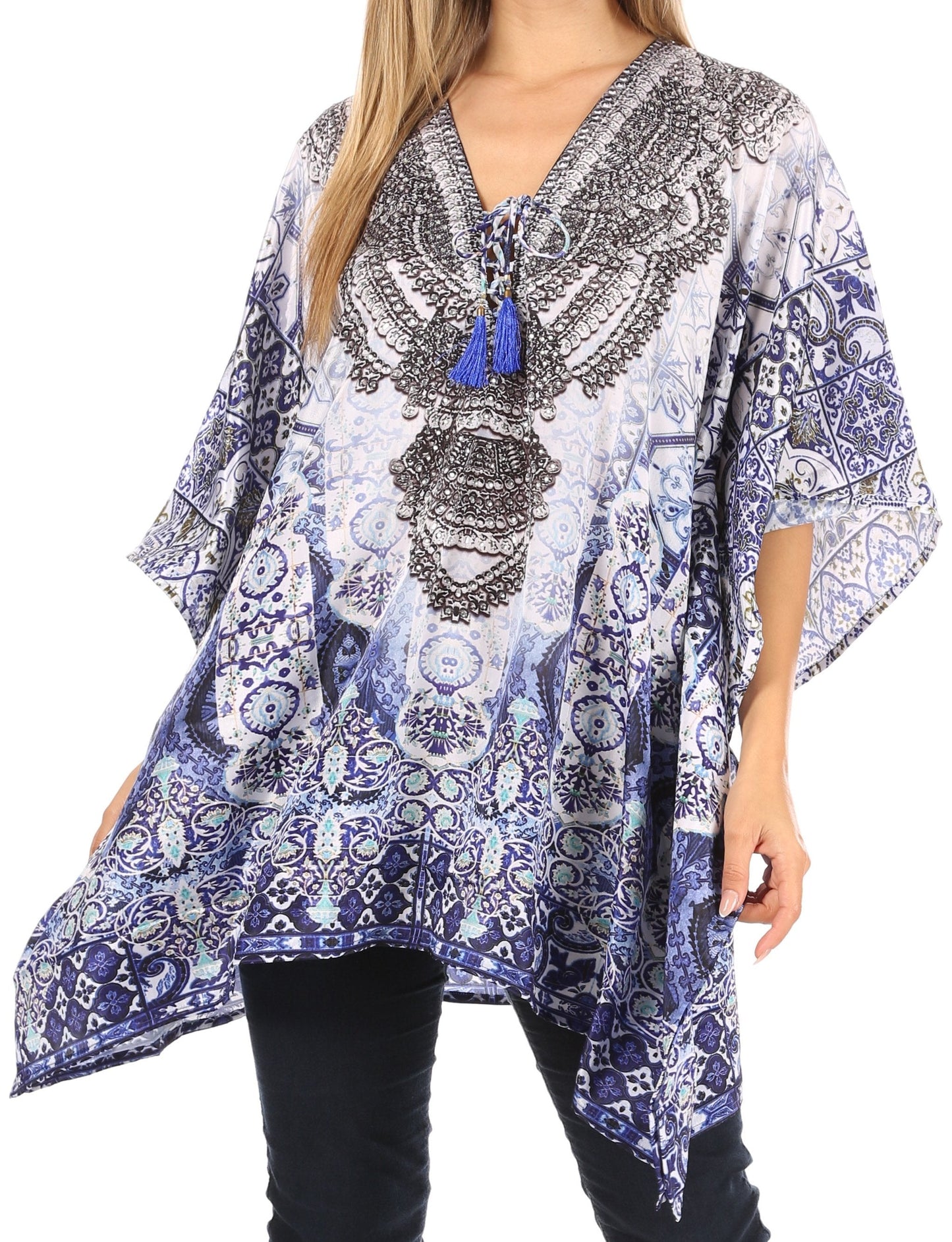 Stylish Rhinestone Lace-Up V-Neck Women's Caftan Poncho Cover-Up by Sakkas Aymee - Concordia Style Boutique