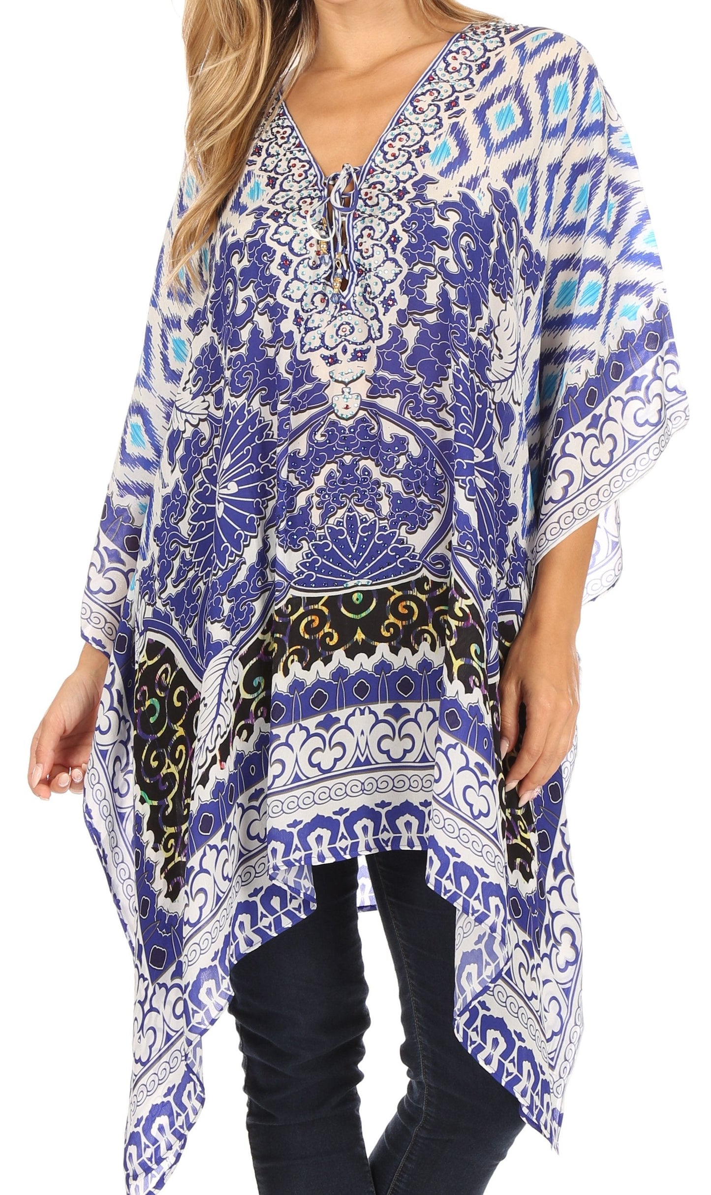 Stylish Rhinestone Lace-Up V-Neck Women's Caftan Poncho Cover-Up by Sakkas Aymee - Concordia Style Boutique