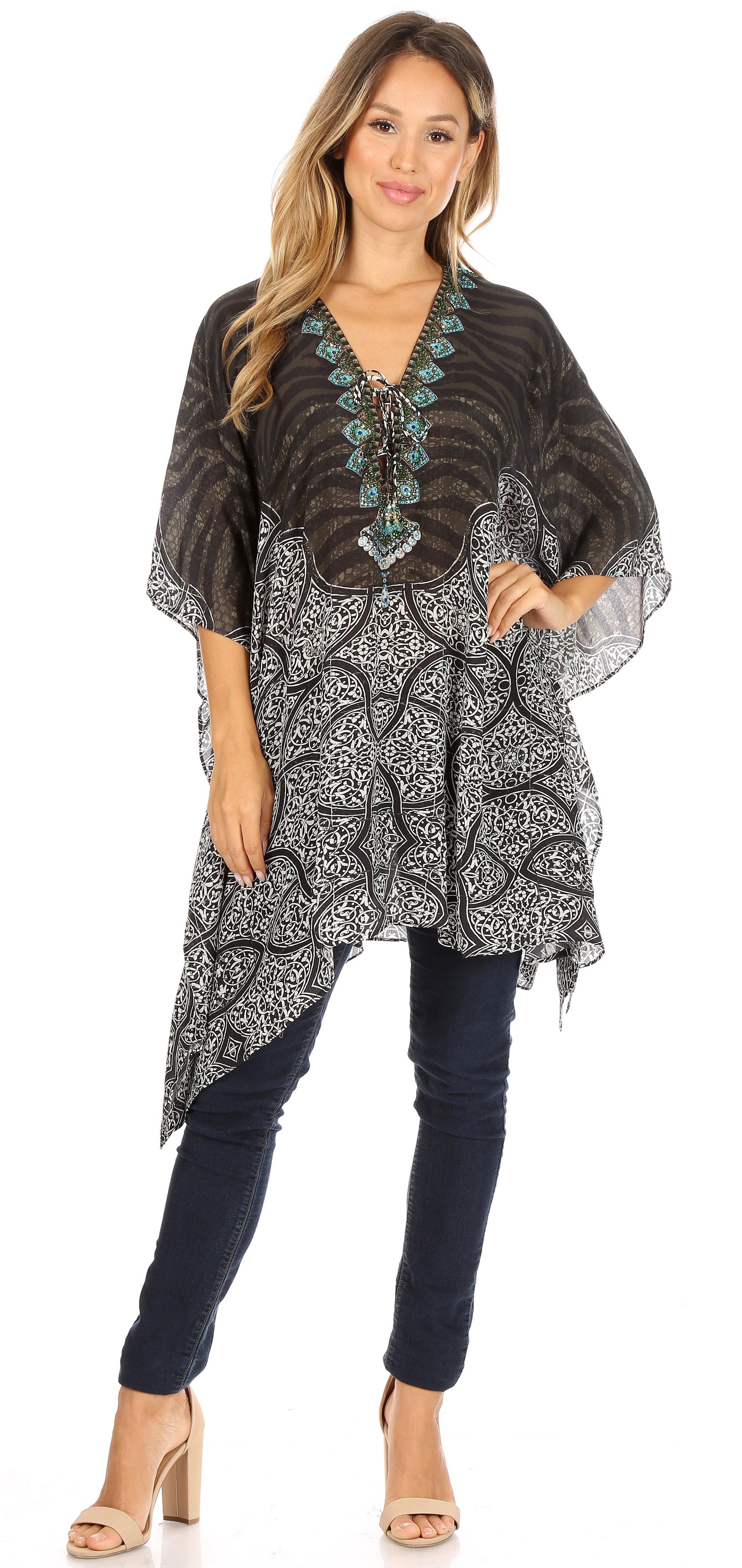 Stylish Rhinestone Lace-Up V-Neck Women's Caftan Poncho Cover-Up by Sakkas Aymee - Concordia Style Boutique