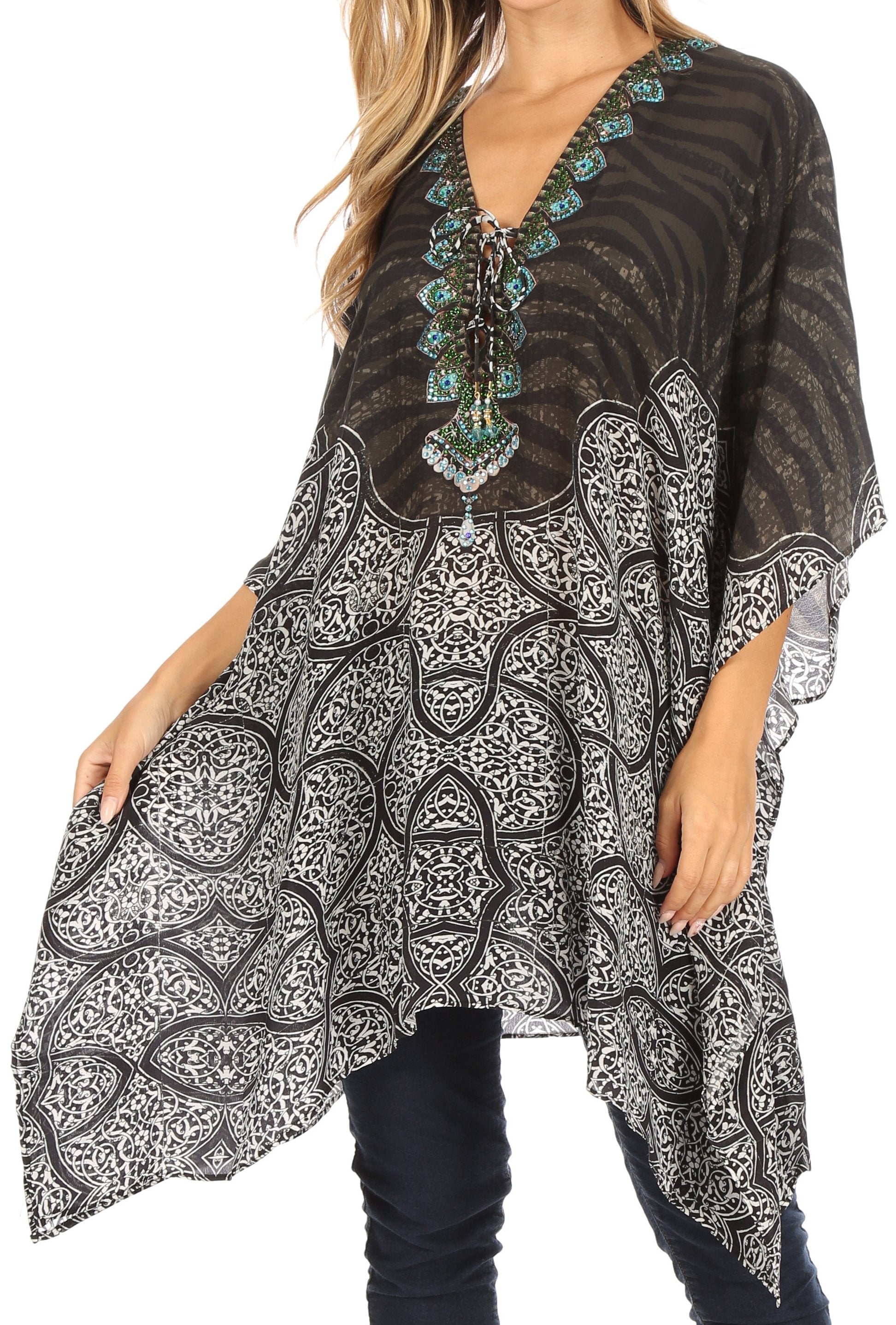 Stylish Rhinestone Lace-Up V-Neck Women's Caftan Poncho Cover-Up by Sakkas Aymee - Concordia Style Boutique