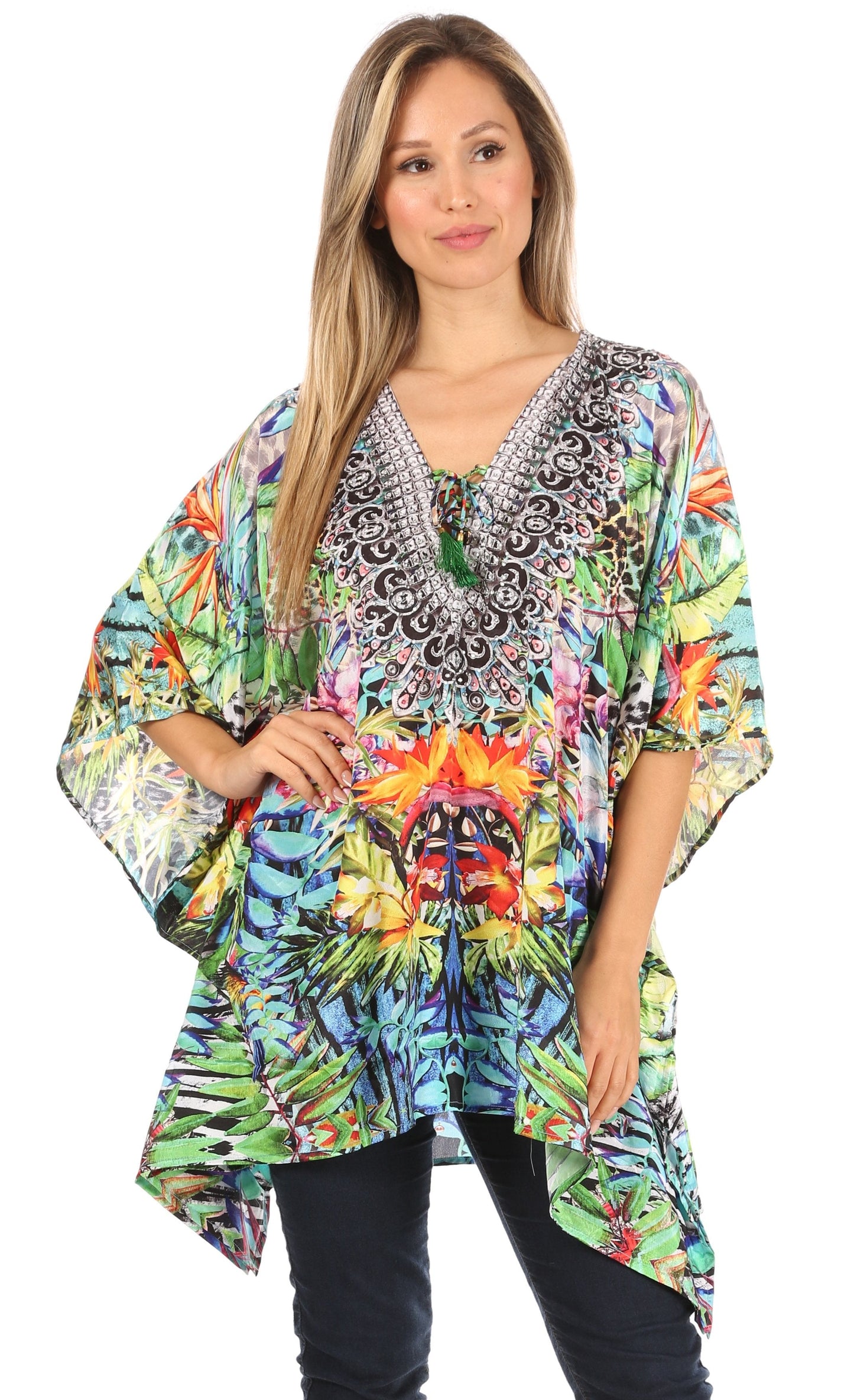 Stylish Rhinestone Lace-Up V-Neck Women's Caftan Poncho Cover-Up by Sakkas Aymee - Concordia Style Boutique