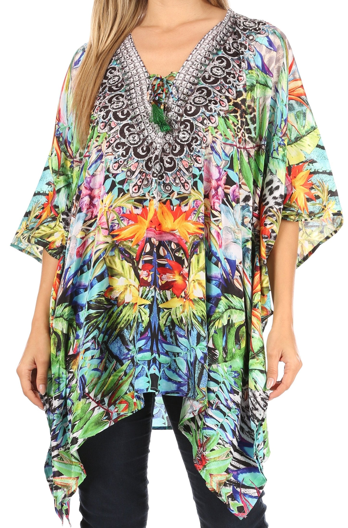 Stylish Rhinestone Lace-Up V-Neck Women's Caftan Poncho Cover-Up by Sakkas Aymee - Concordia Style Boutique