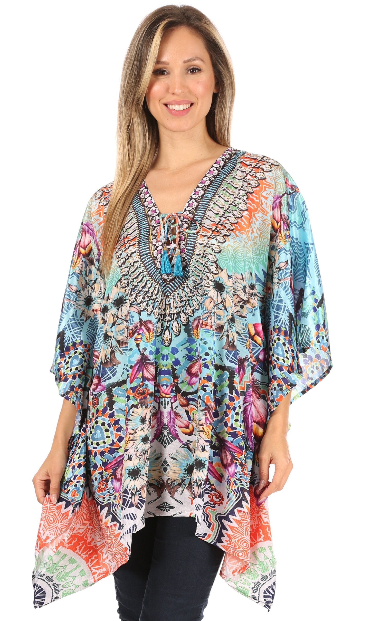 Stylish Rhinestone Lace-Up V-Neck Women's Caftan Poncho Cover-Up by Sakkas Aymee - Concordia Style Boutique