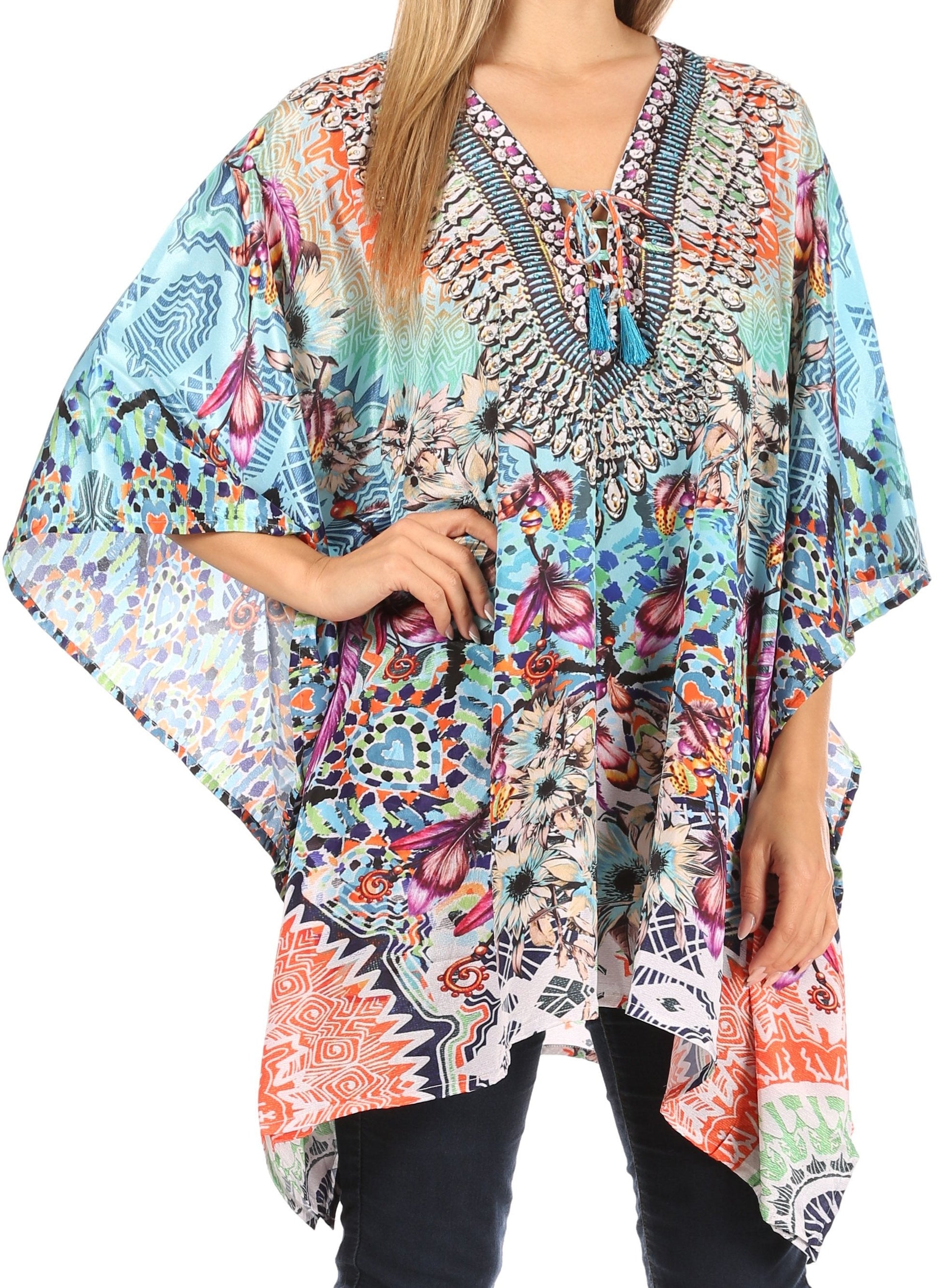 Stylish Rhinestone Lace-Up V-Neck Women's Caftan Poncho Cover-Up by Sakkas Aymee - Concordia Style Boutique