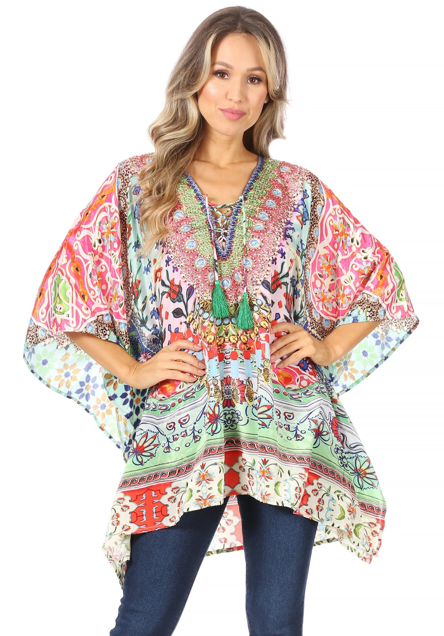 Stylish Rhinestone Lace-Up V-Neck Women's Caftan Poncho Cover-Up by Sakkas Aymee - Concordia Style Boutique