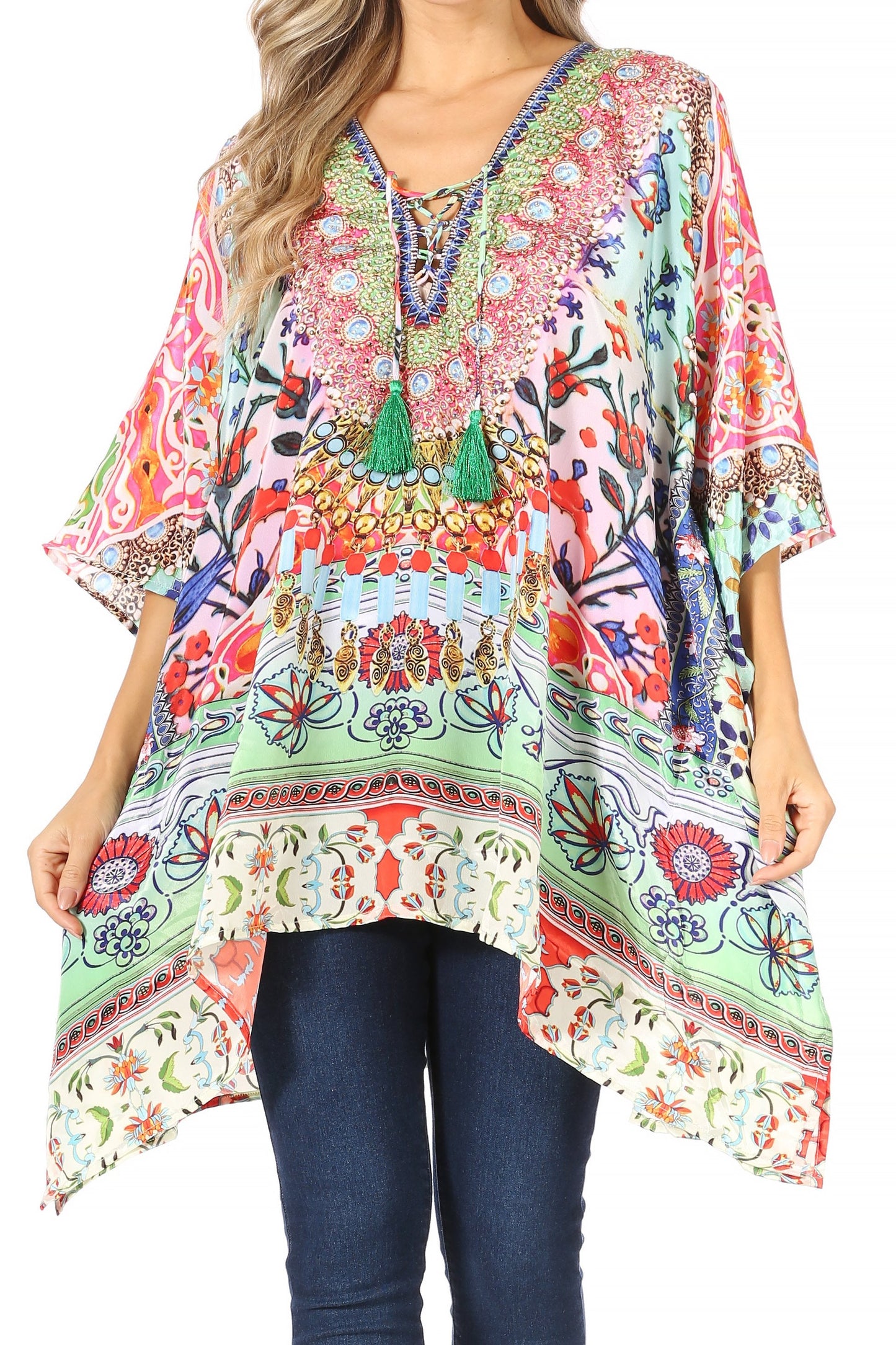 Stylish Rhinestone Lace-Up V-Neck Women's Caftan Poncho Cover-Up by Sakkas Aymee - Concordia Style Boutique