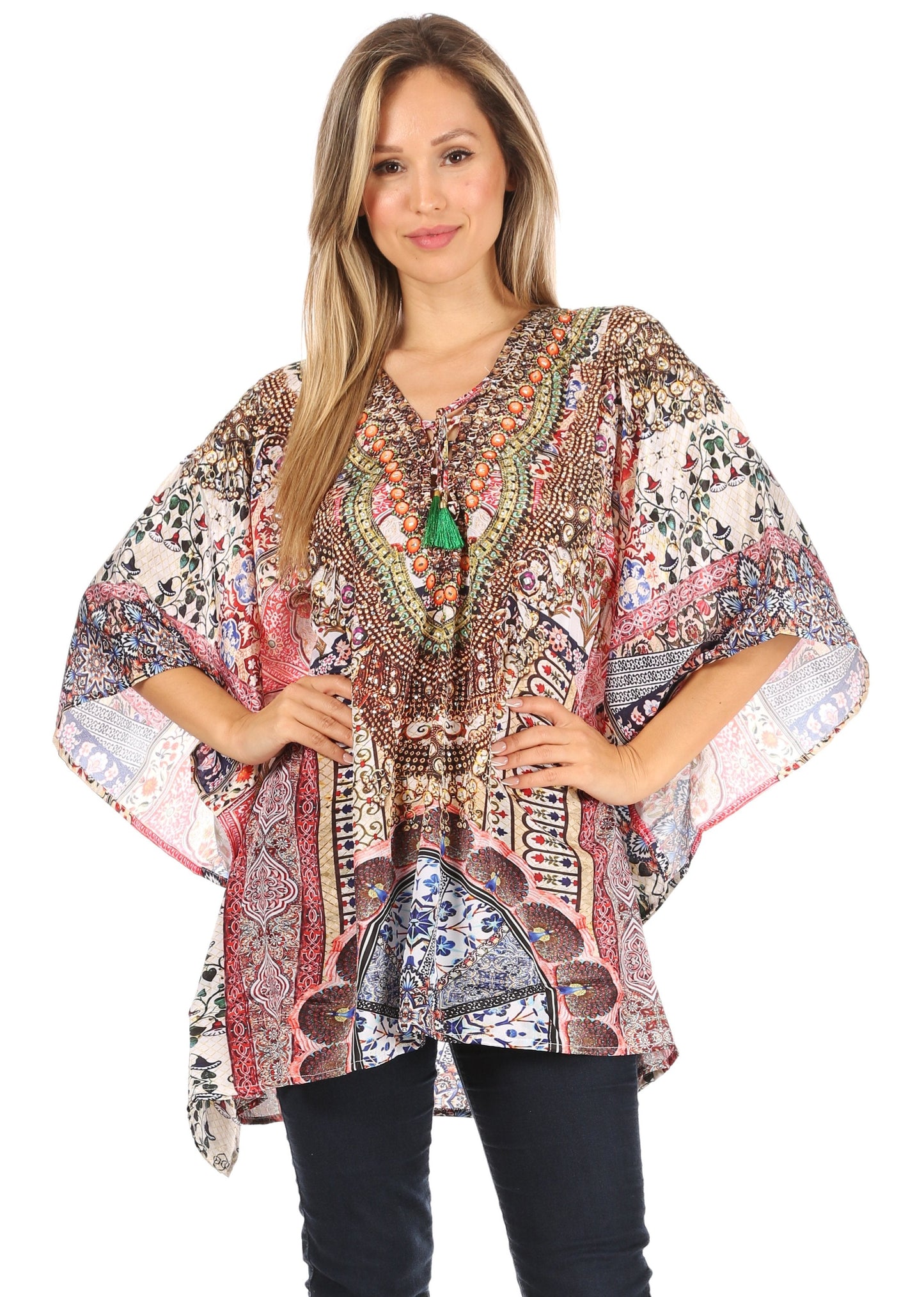 Stylish Rhinestone Lace-Up V-Neck Women's Caftan Poncho Cover-Up by Sakkas Aymee - Concordia Style Boutique