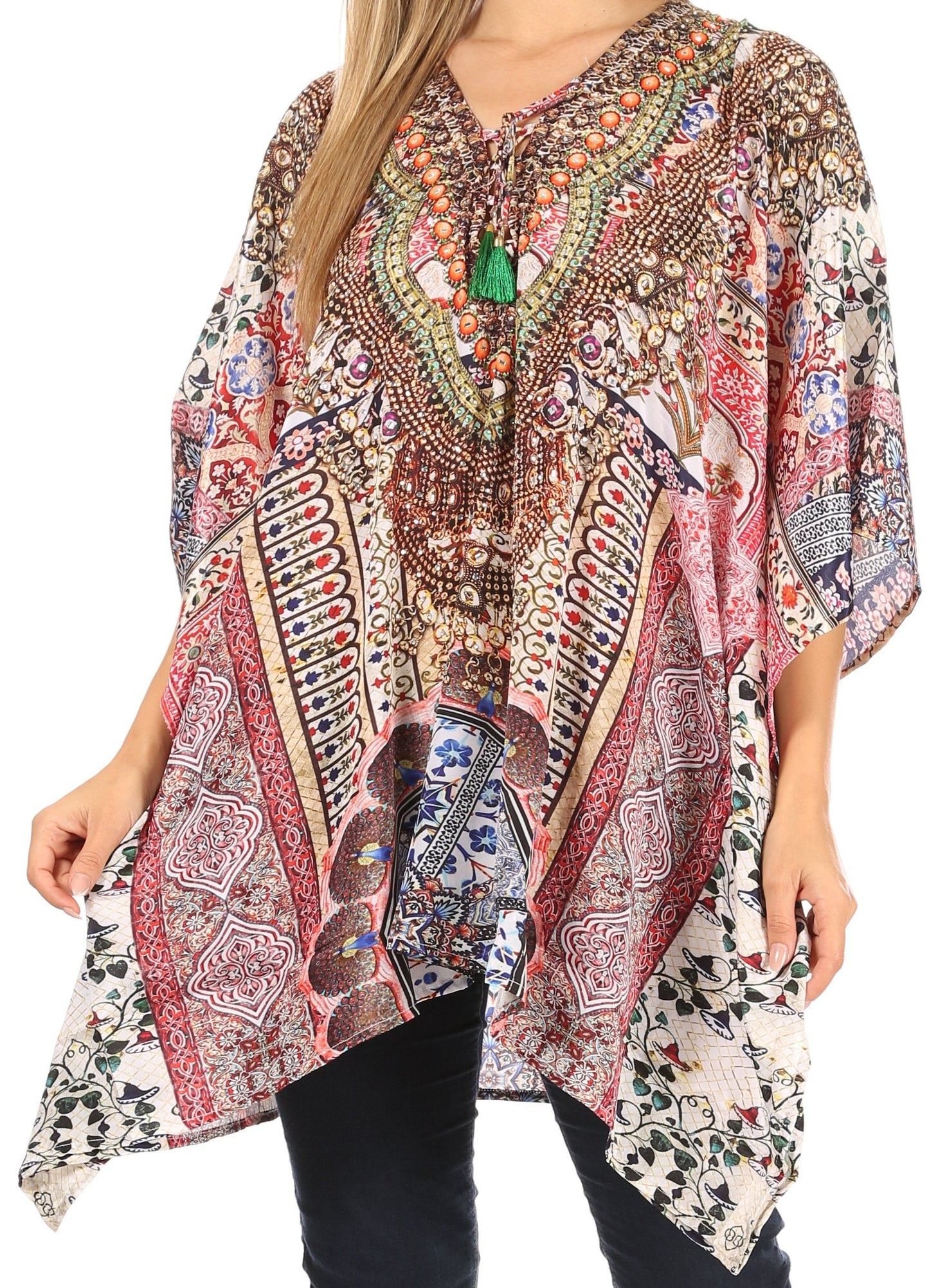 Stylish Rhinestone Lace-Up V-Neck Women's Caftan Poncho Cover-Up by Sakkas Aymee - Concordia Style Boutique