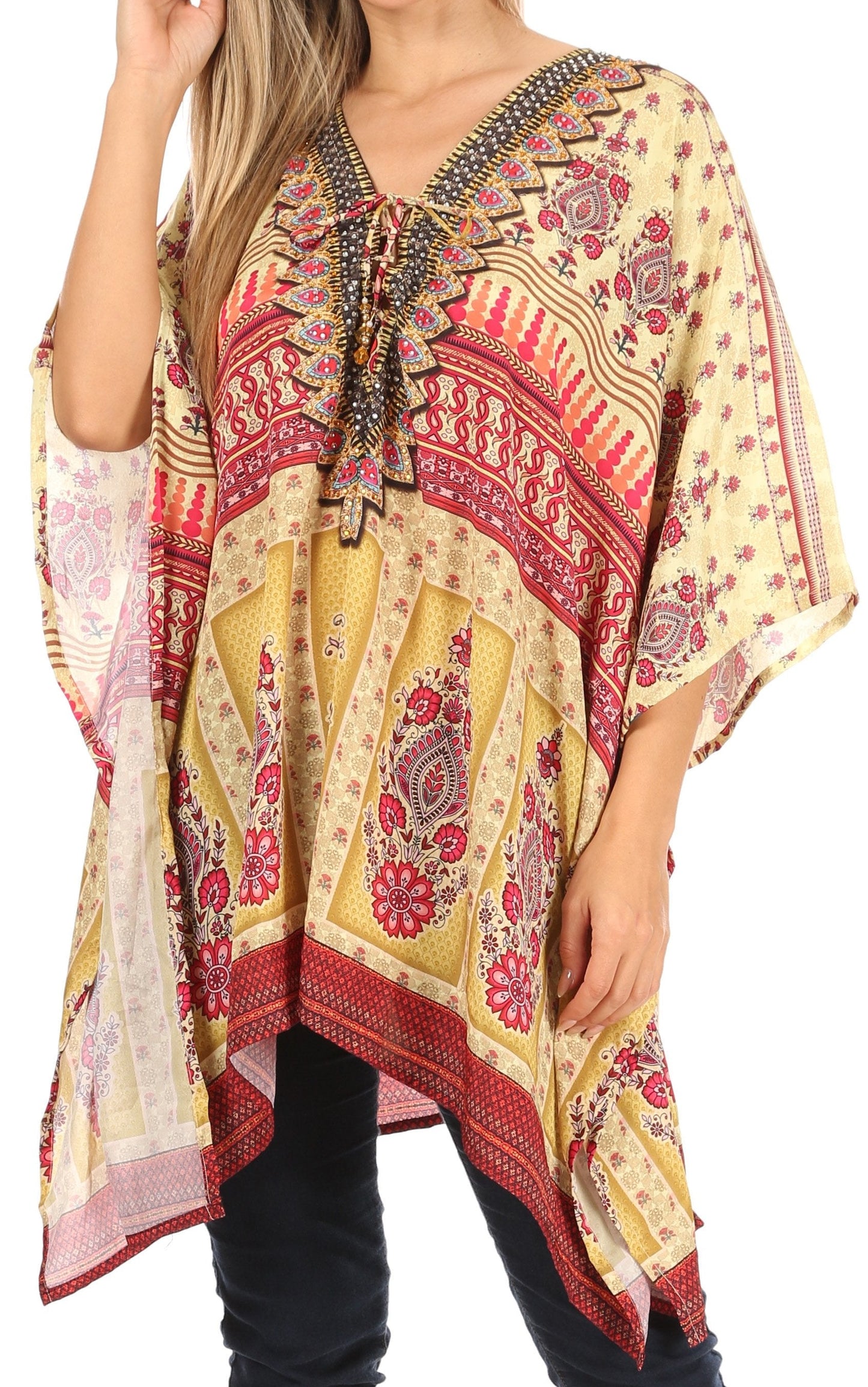 Stylish Rhinestone Lace-Up V-Neck Women's Caftan Poncho Cover-Up by Sakkas Aymee - Concordia Style Boutique
