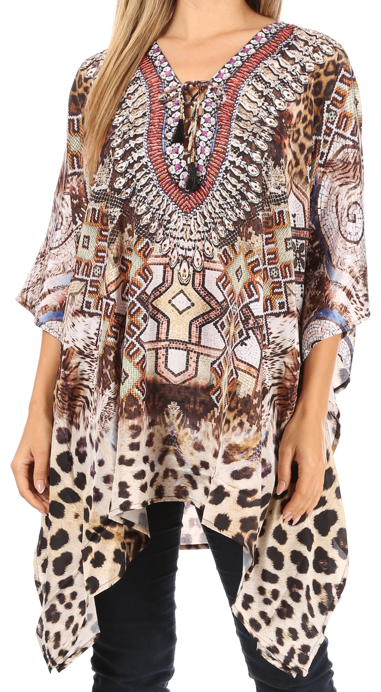 Stylish Rhinestone Lace-Up V-Neck Women's Caftan Poncho Cover-Up by Sakkas Aymee - Concordia Style Boutique