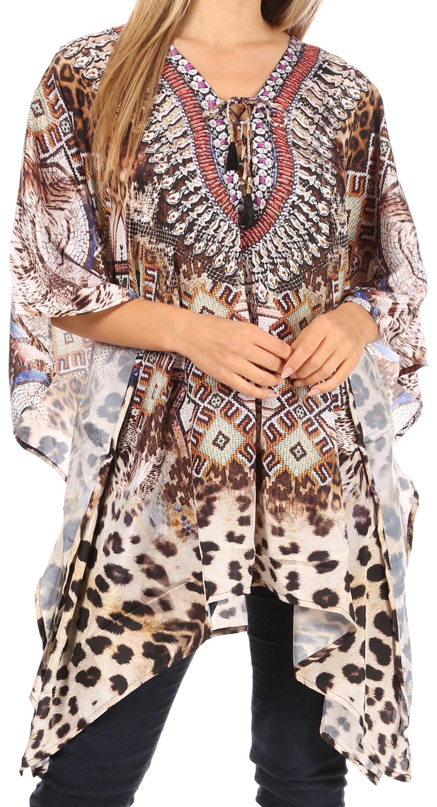 Stylish Rhinestone Lace-Up V-Neck Women's Caftan Poncho Cover-Up by Sakkas Aymee - Concordia Style Boutique